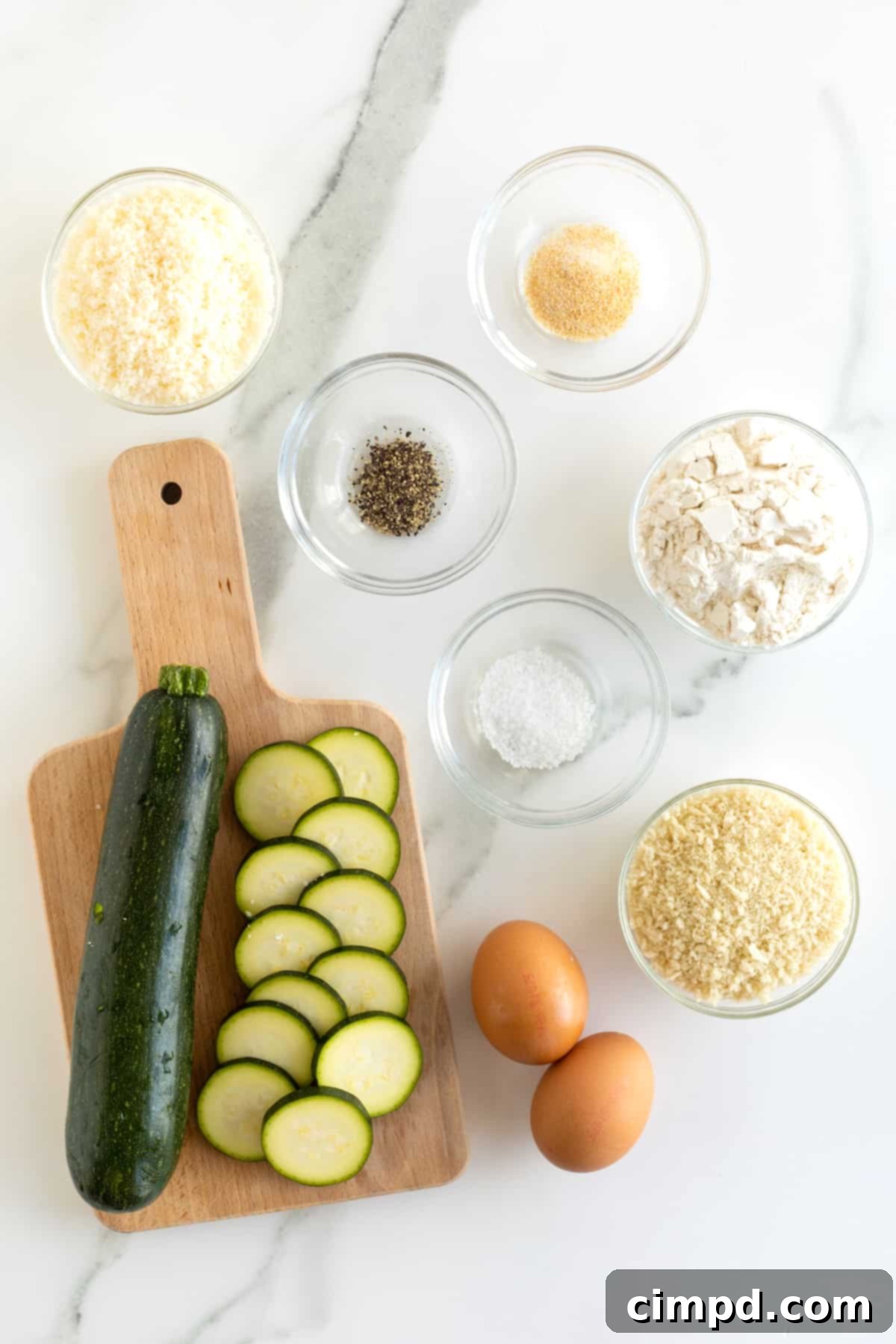 Crispy Zucchini Snacks 6 Thinly sliced zucchini, on a wooden cutting board, glass dishes filled with flour, garlic salt, bread crumbs, grated parmesan cheese, black pepper and salt along with 2 large brown eggs on a counter.
