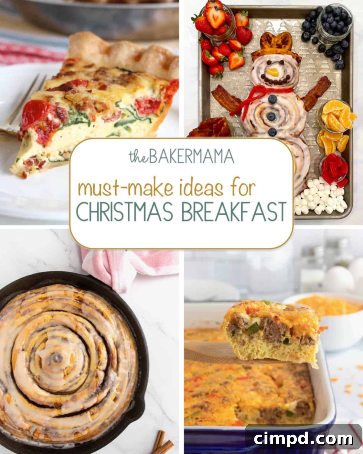 A festive spread of Christmas breakfast dishes, including BLT Quiche, a Cinnamon Roll Snowman Tray, Family-Sized Skillet Cinnamon Roll, and a comforting Breakfast Bake, all beautifully presented for holiday celebration.