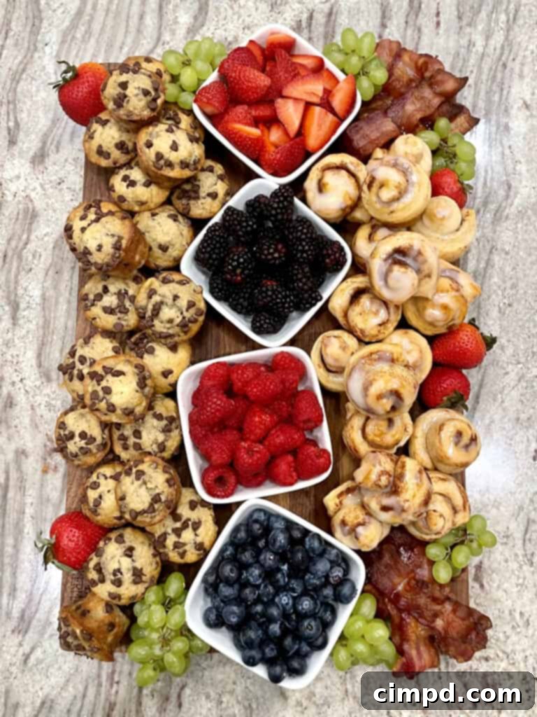 A bountiful Mini Muffin and Cinnamon Roll Breakfast Board, laden with miniature muffins, cinnamon rolls, fresh berries, and crispy bacon, arranged beautifully for sharing.