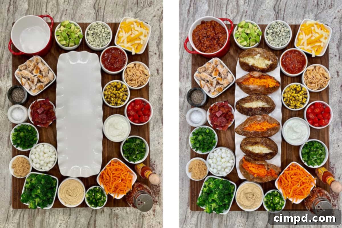 A large wooden board with various baked potato toppings arranged in small bowls, ready for customization.
