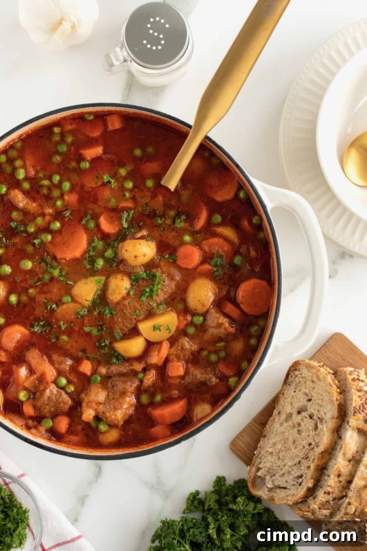 A steaming bowl of The Best Beef Stew, garnished with fresh parsley.