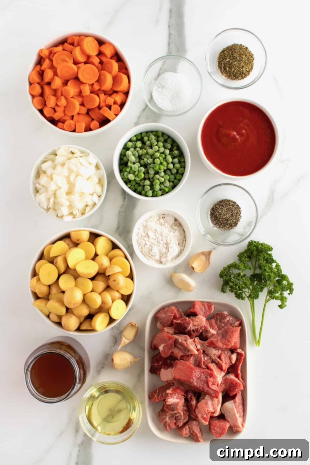 Fresh ingredients laid out for The Best Beef Stew.