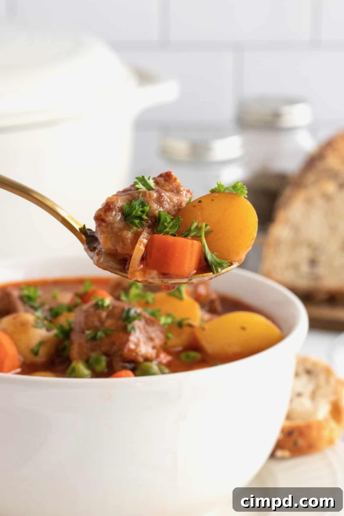 Close-up of browned beef chunks ready for stew.
