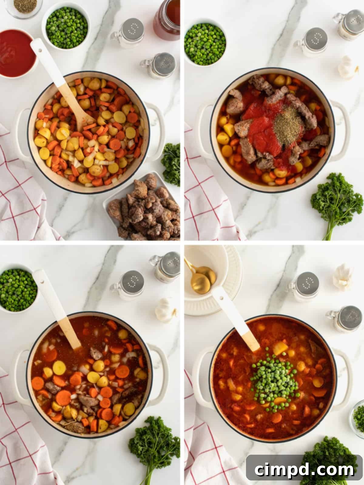 The beef stew simmering gently in a Dutch oven.