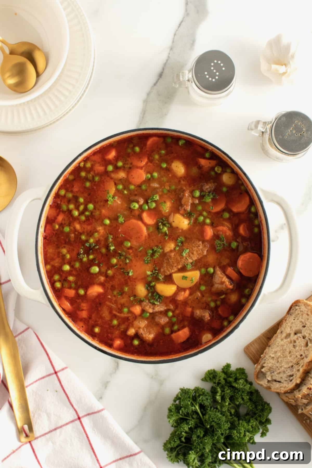 A bowl of The Best Beef Stew, ready to be served.