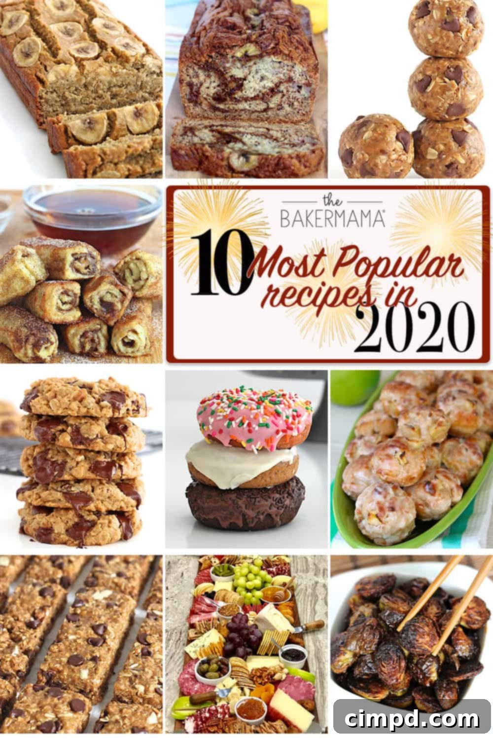 A vibrant collage showcasing The BakerMama's 10 most popular recipes of 2020, featuring banana breads, cookies, donuts, and savory bites, set against a cozy kitchen backdrop.
