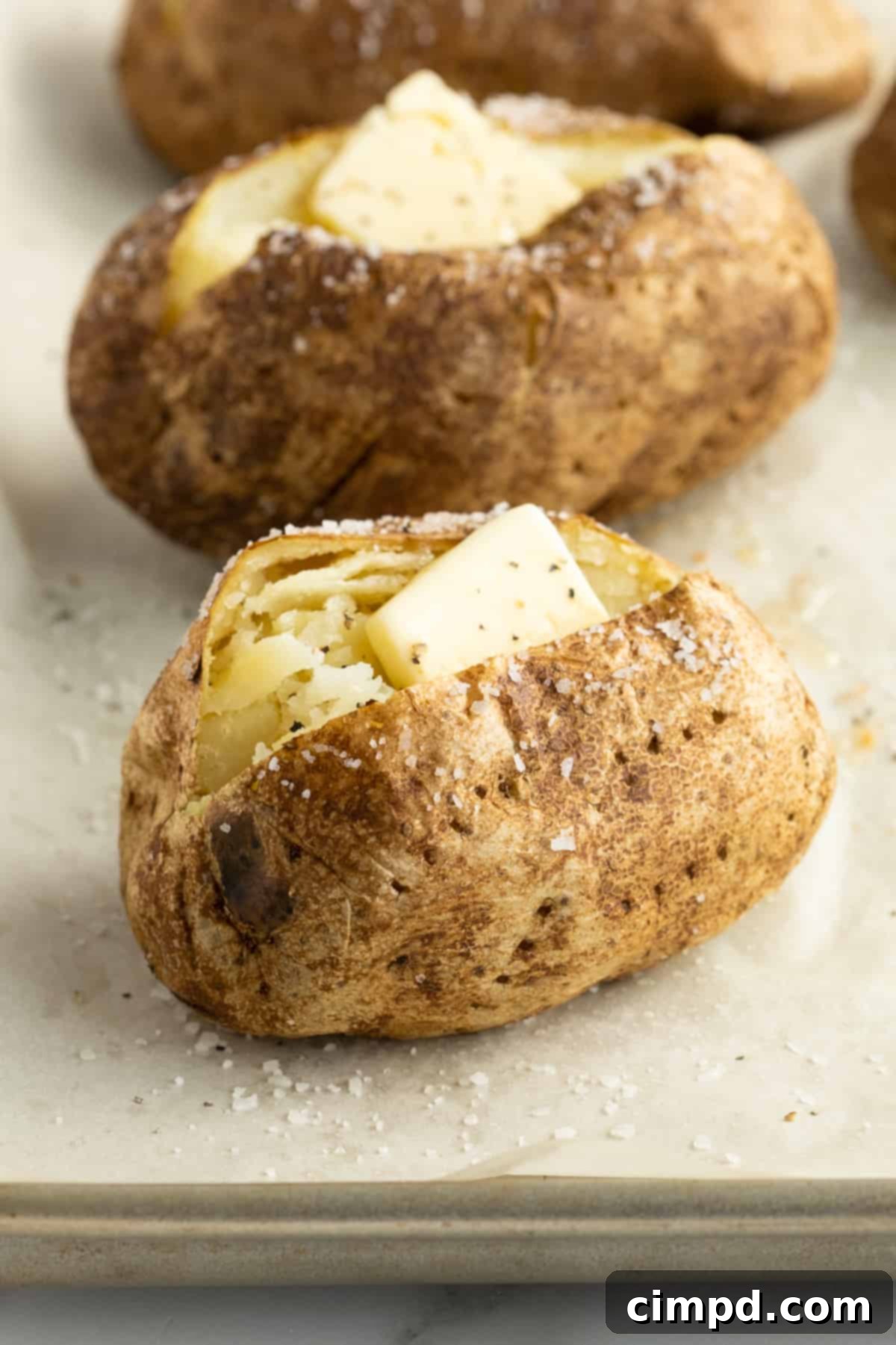 A perfectly baked potato with crispy skin and a fluffy center, ready to be topped.