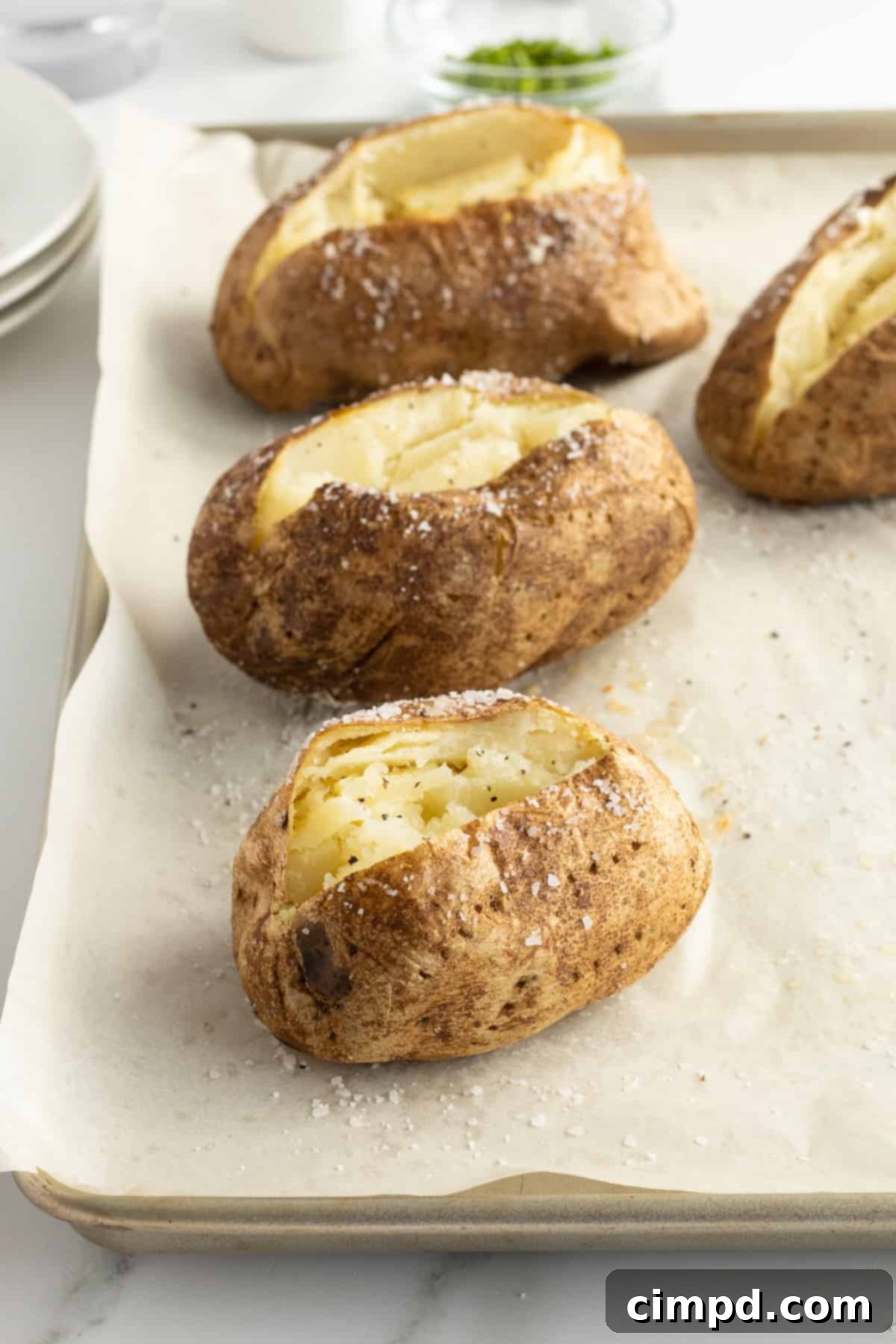Cleaned potatoes on a baking sheet, pierced and ready for oil and salt, by The BakerMama.
