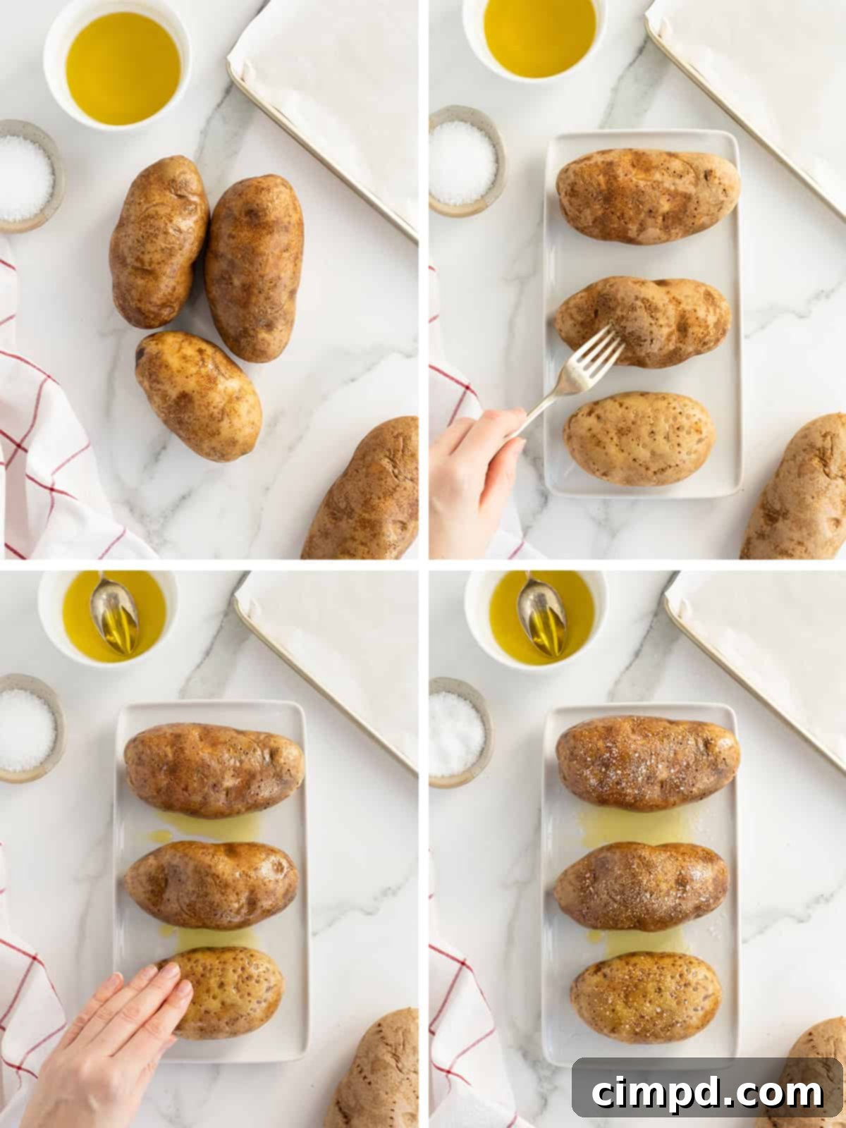 Illustrated steps showing how to prepare and bake a potato, by The BakerMama.