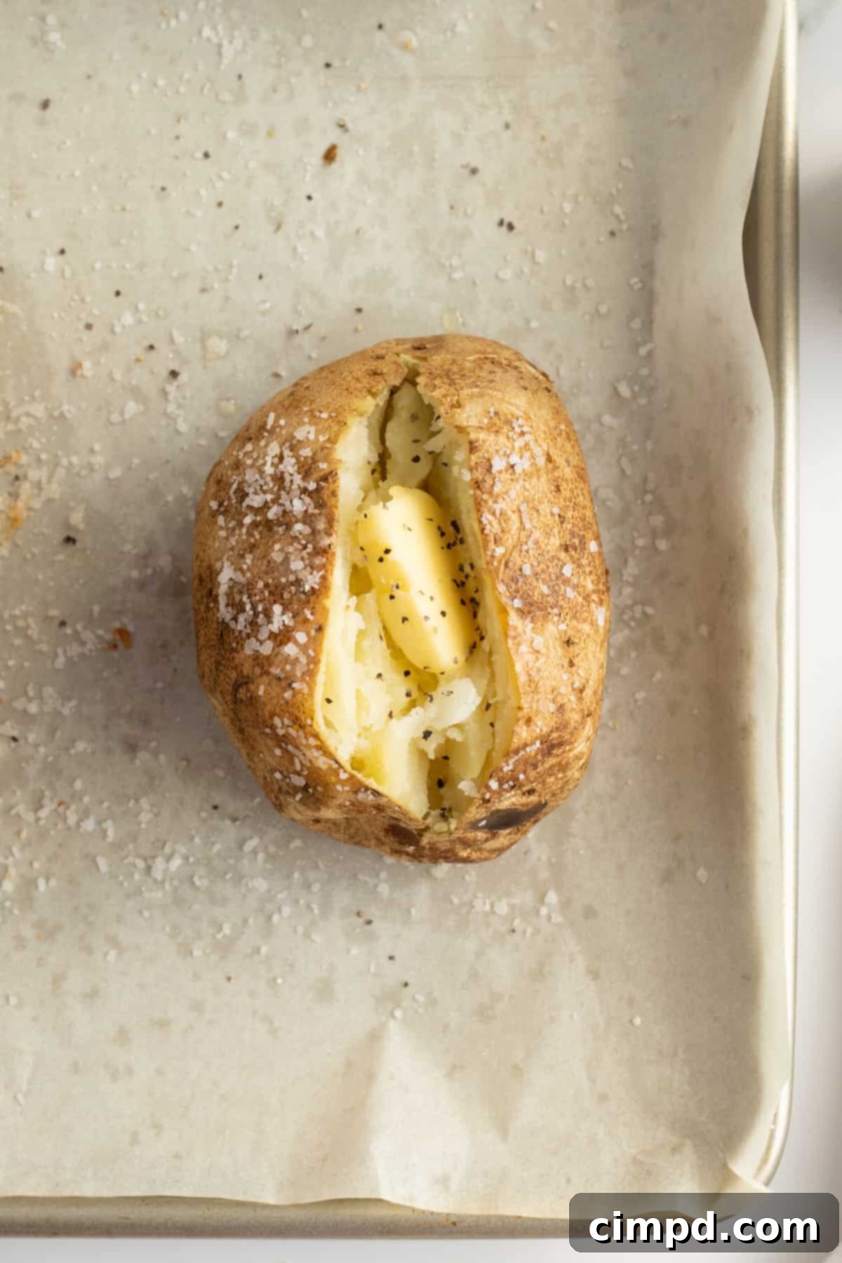 A beautifully split and fluffed baked potato with butter, ready to be enjoyed, by The BakerMama.