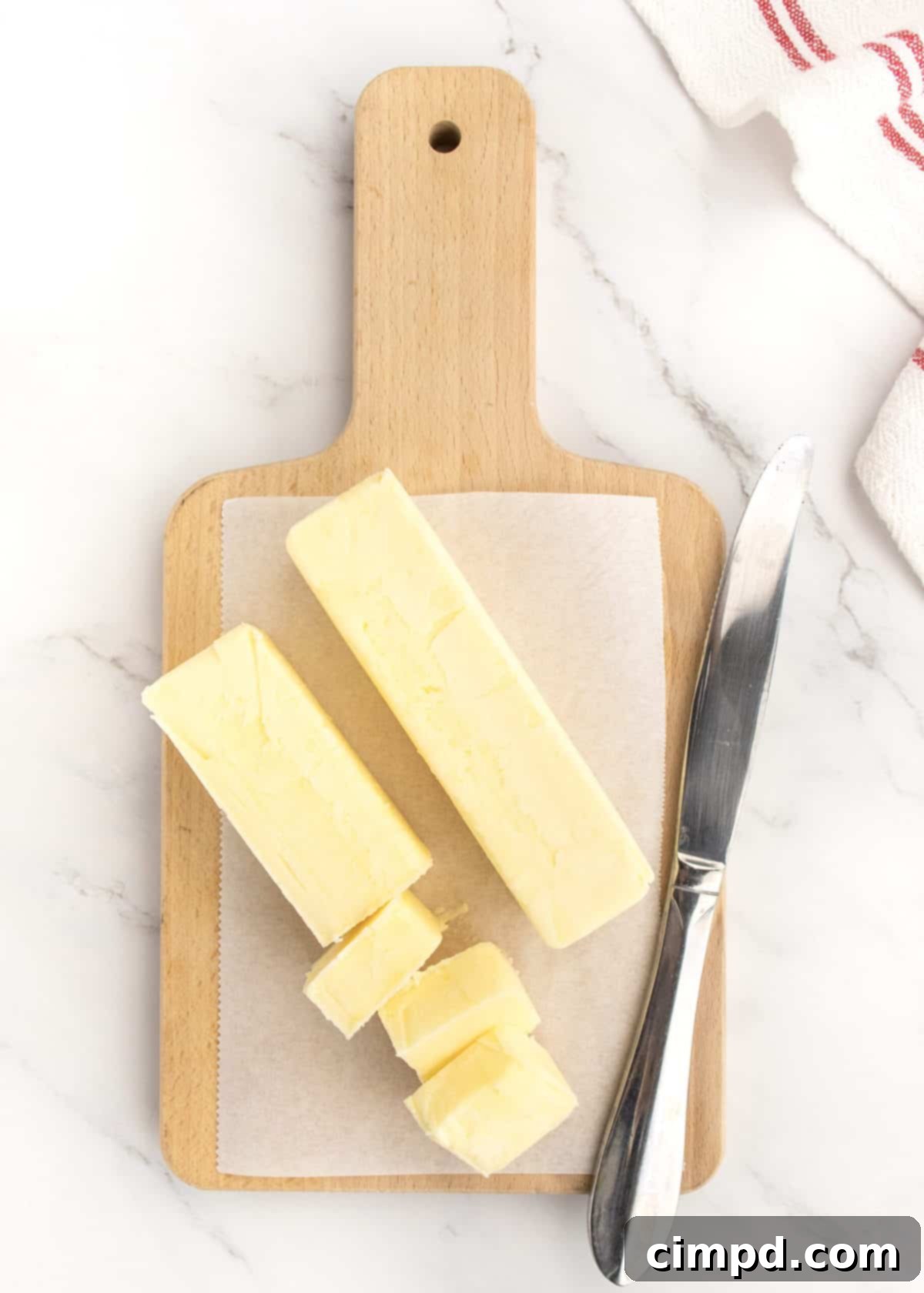 The simple tools required for browning butter: a light-colored saucepan, a whisk, and blocks of butter, arranged neatly by The BakerMama.
