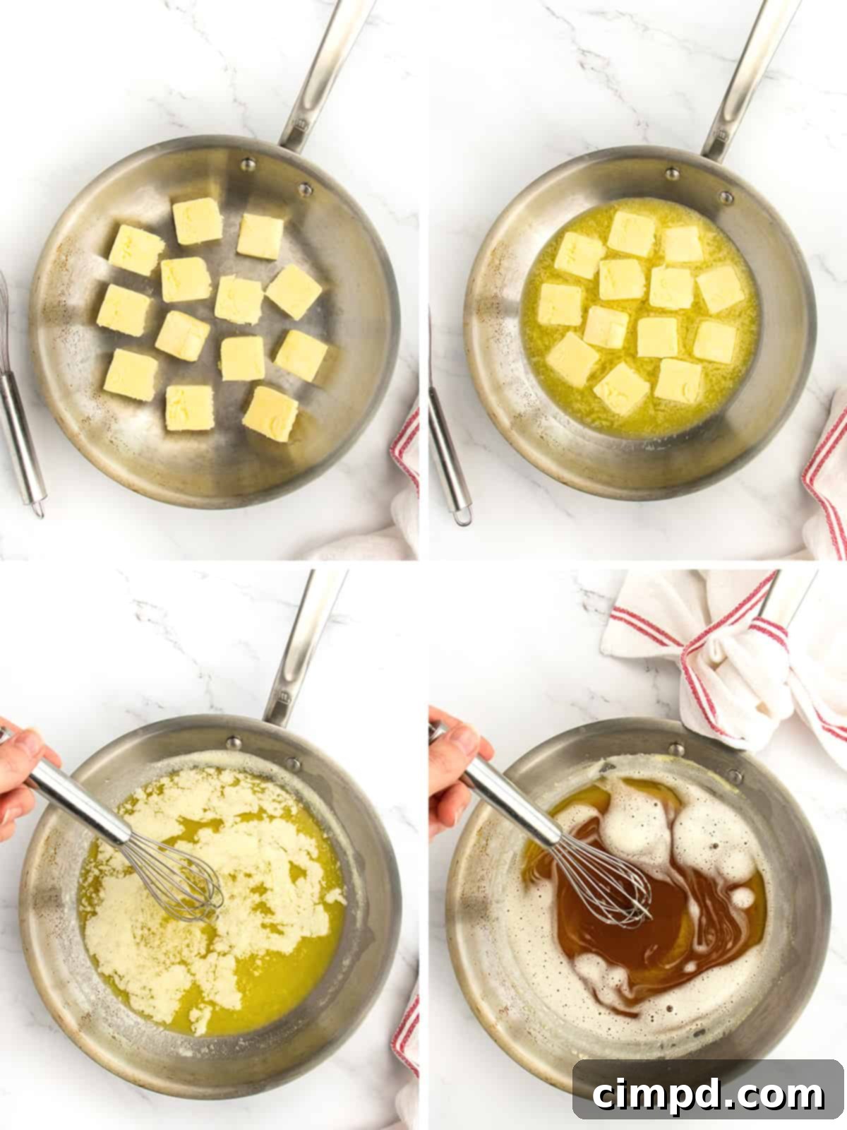 A close-up of perfectly browned butter in a clear, heat-proof bowl, with visible toasted milk solids at the bottom and a rich amber color by The BakerMama.