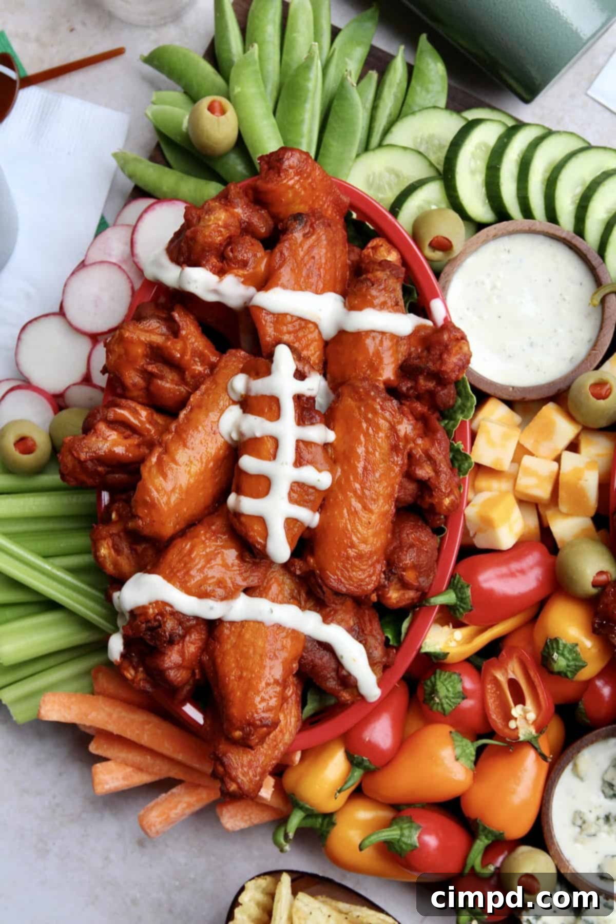 Ultimate Wing Spread 4 Freshly baked chicken wings being tossed in sauce in a mixing bowl.