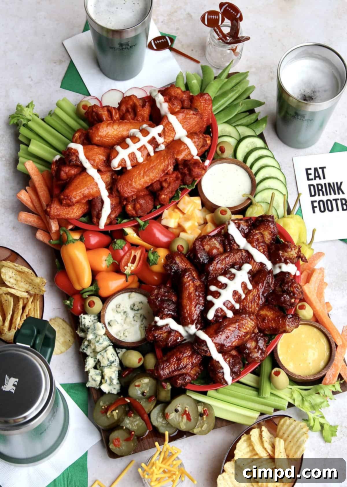 Ultimate Wing Spread 6 A finished Chicken Wings Snack Board with all ingredients beautifully arranged.