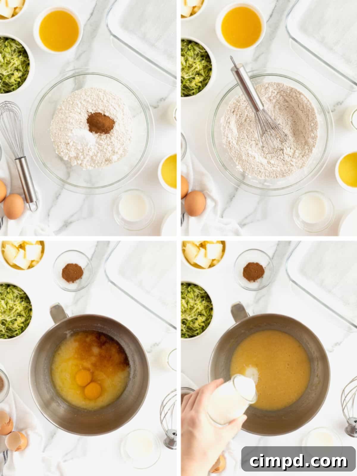A visual sequence of steps showing the preparation of zucchini cake batter, including whisking dry ingredients, combining wet ingredients, and finally mixing the batter in a stand mixer.