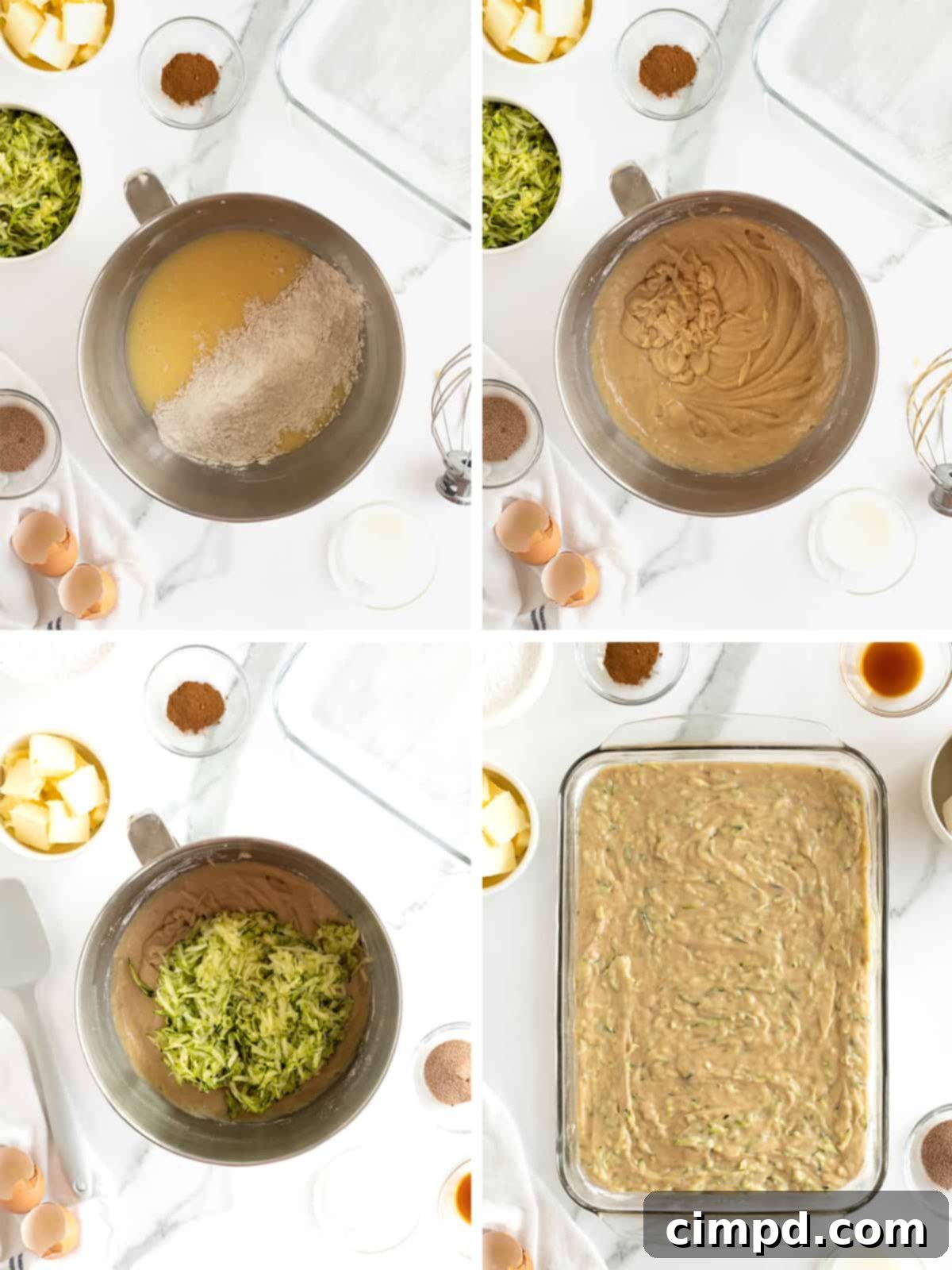 The process of making zucchini cake batter, showing the flour mixture being added to the wet ingredients and the shredded zucchini being folded into the final batter.