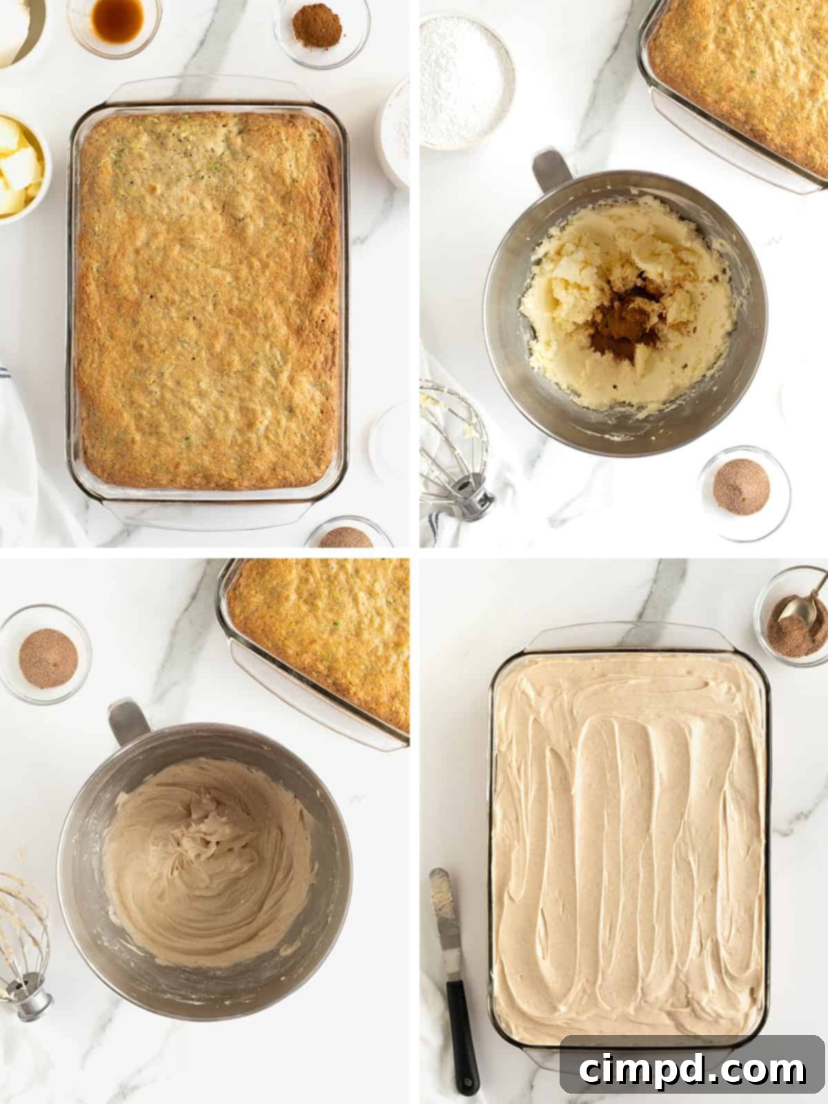A step-by-step visual guide on how to prepare cinnamon cream cheese frosting, showing softened cream cheese and butter being beaten, followed by the addition of powdered sugar.