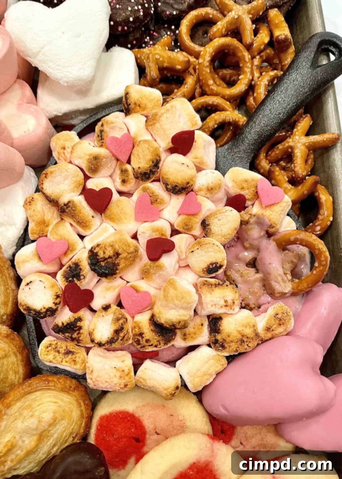 A warm, gooey Pink Peanut Butter S'mores Dip, ready for dipping on a Valentine's Day S'mores Tray.