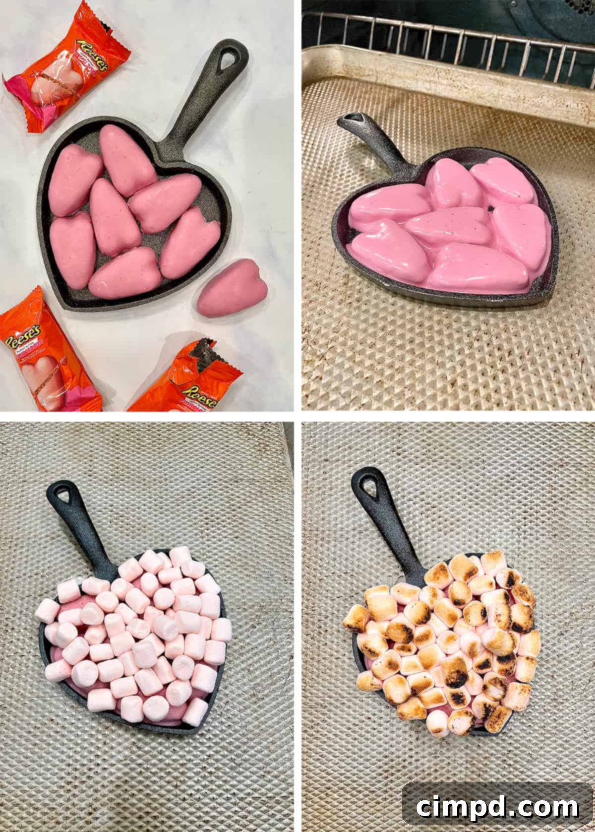 A collage of various images showing the preparation and final presentation of the Valentine's Day S'mores Tray and Pink Peanut Butter S'mores Dip.