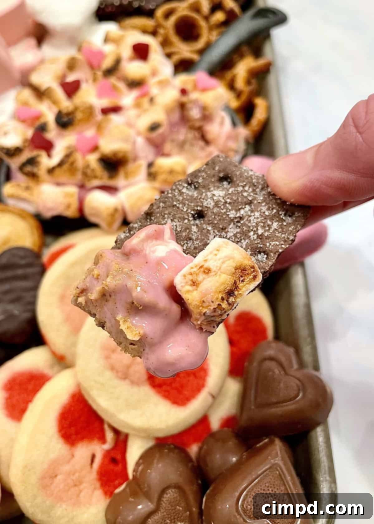 A hand dipping a graham cracker into the Pink Peanut Butter S'mores Dip on a Valentine's Day S'mores Tray.