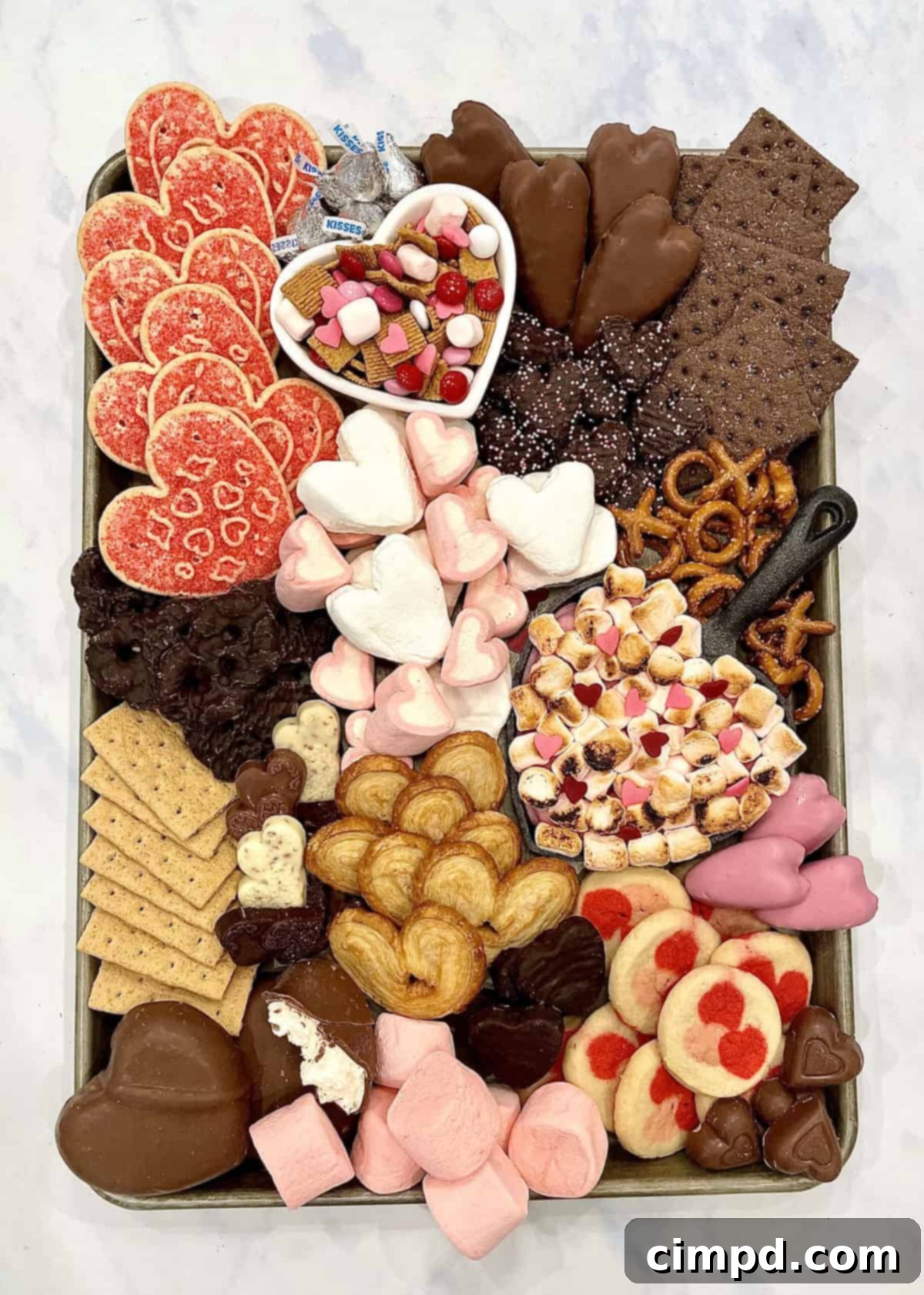 A family enjoying the Valentine's Day S'mores Tray, with hands reaching for various treats.
