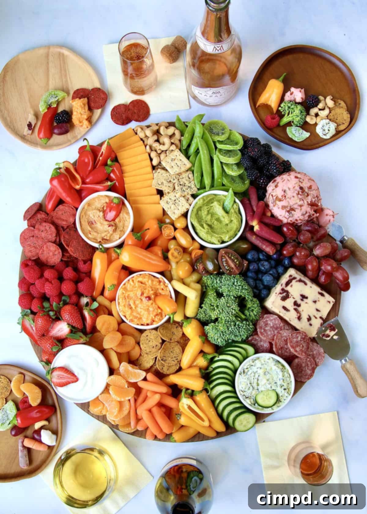 A beautifully arranged Eat the Rainbow Snack Board featuring colorful fruits, vegetables, cheeses, and dips.