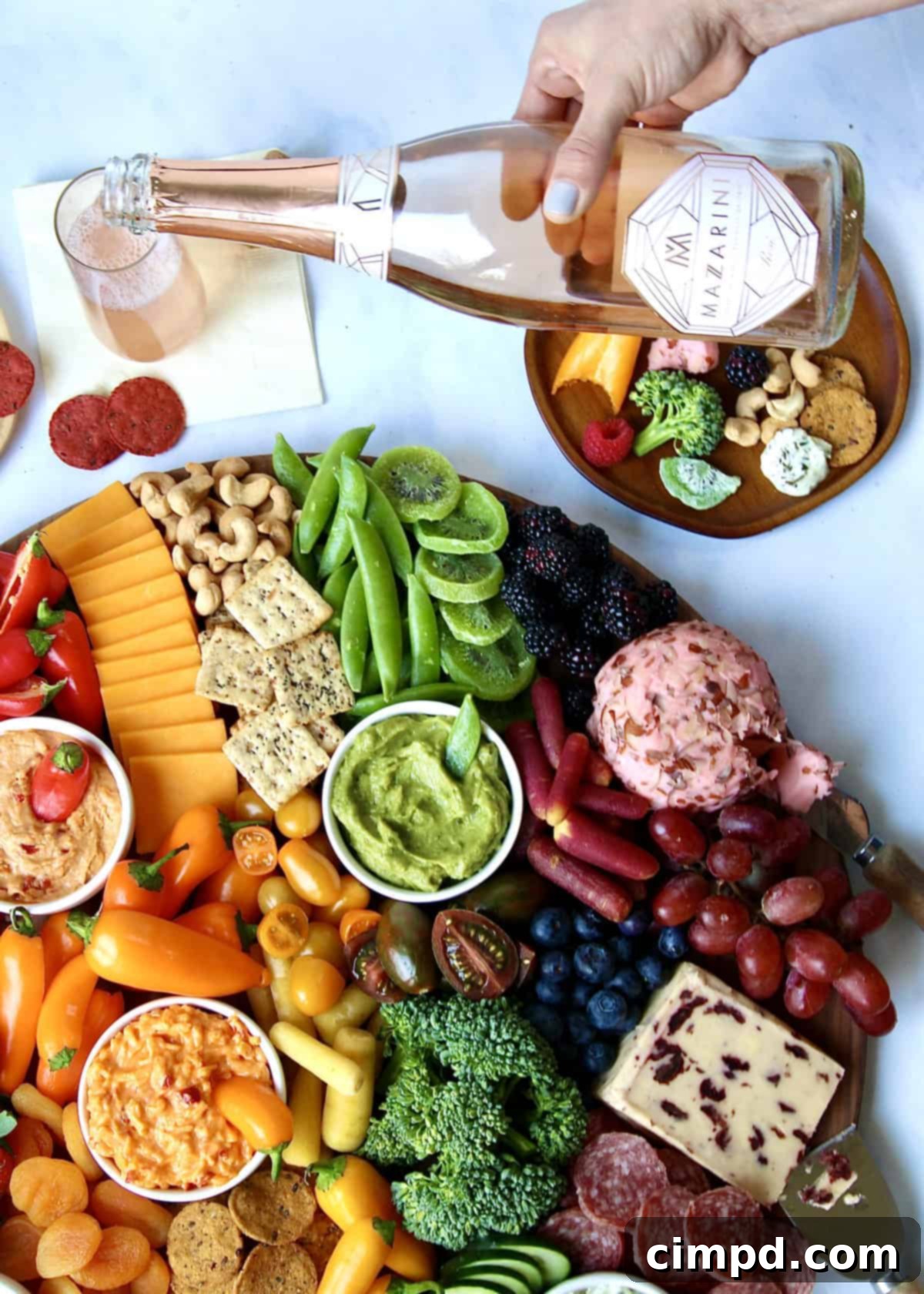 Various colorful ingredients laid out before assembly of the Eat the Rainbow Snack Board by The BakerMama