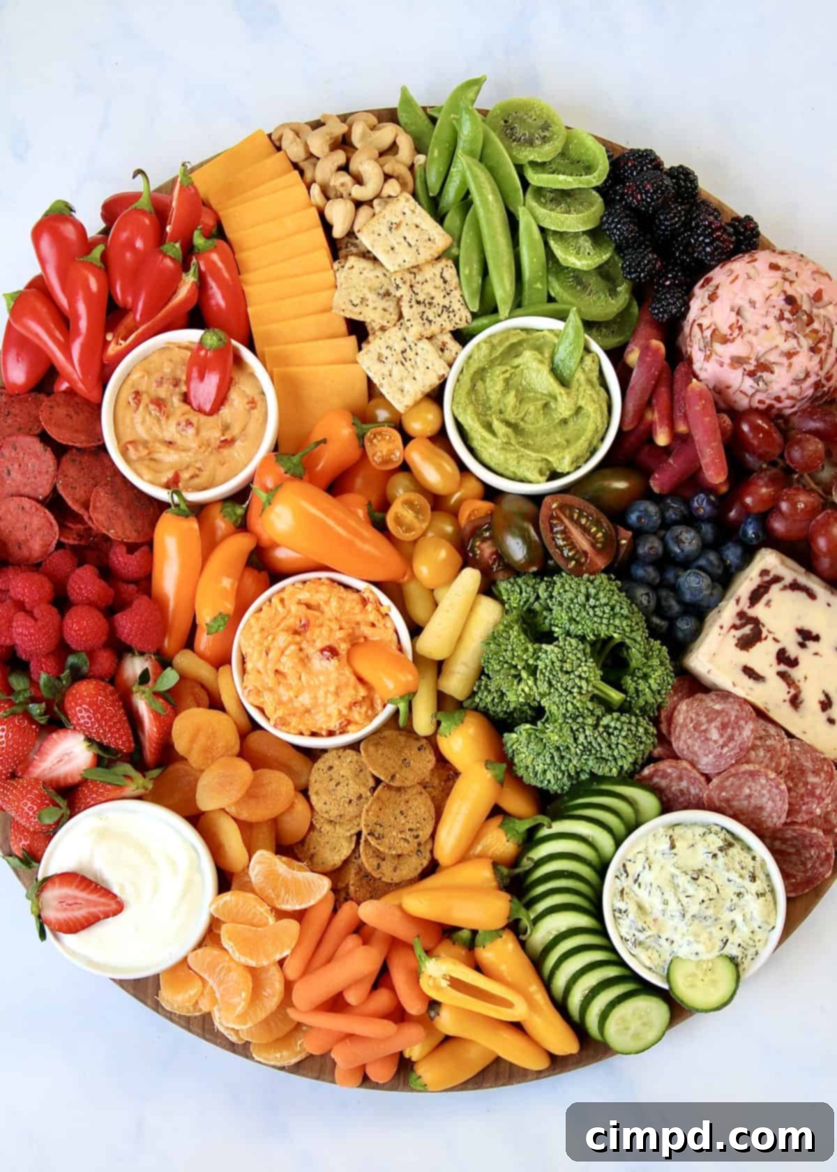 Completed Eat the Rainbow Snack Board showcasing a full spectrum of colors.