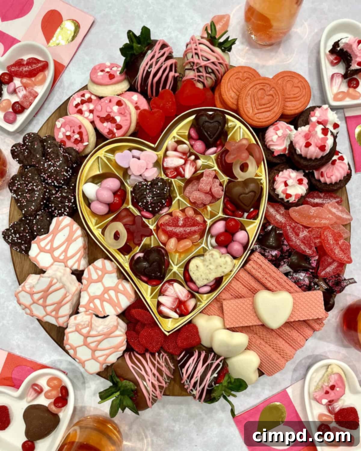 A vibrant Galentine's Day Dessert Board overflowing with various chocolates, candies, and heart-shaped treats.