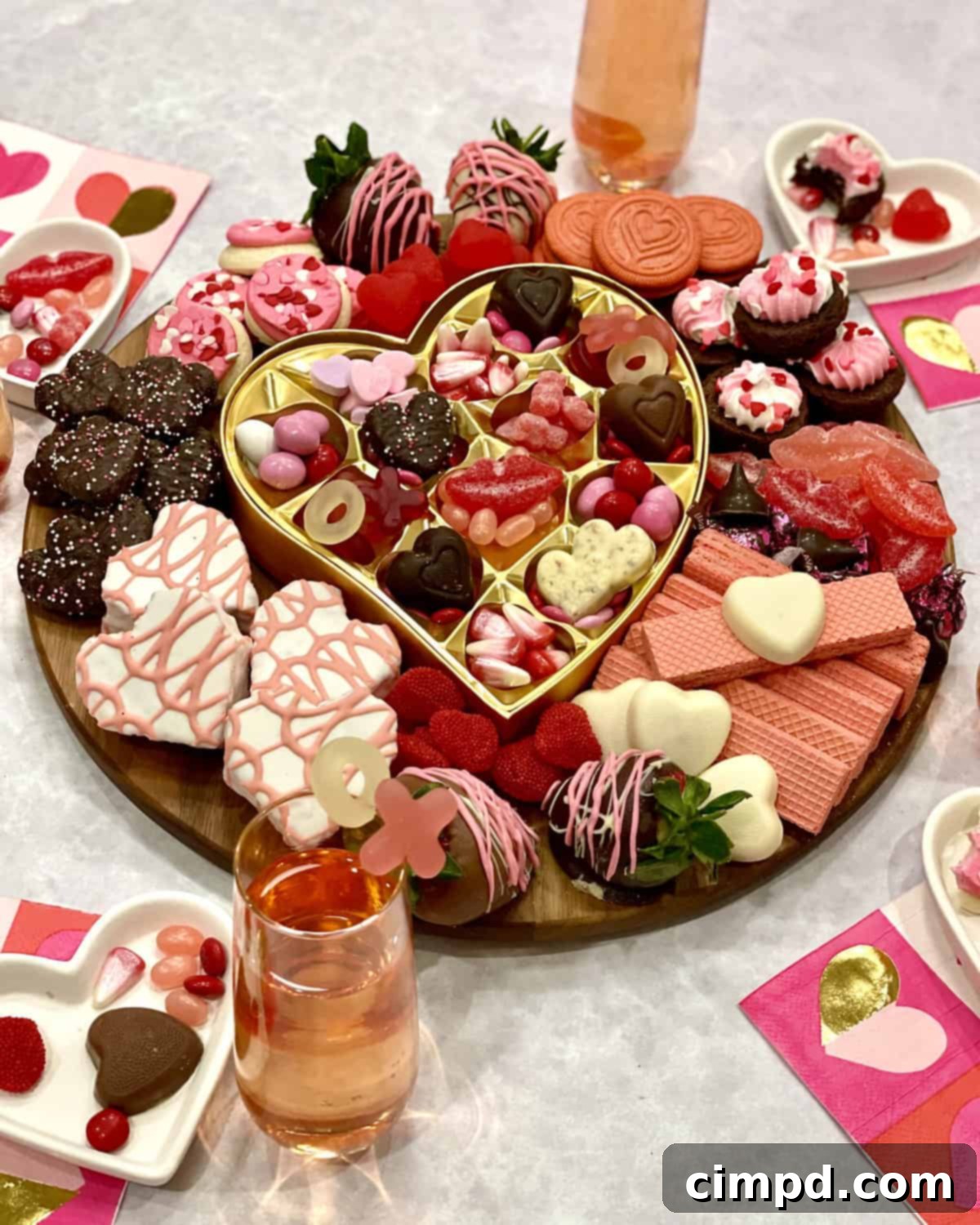 A beautifully arranged Galentine's Day Dessert Board with a central chocolate box, surrounded by heart-shaped cookies, M&M's, and pink treats.