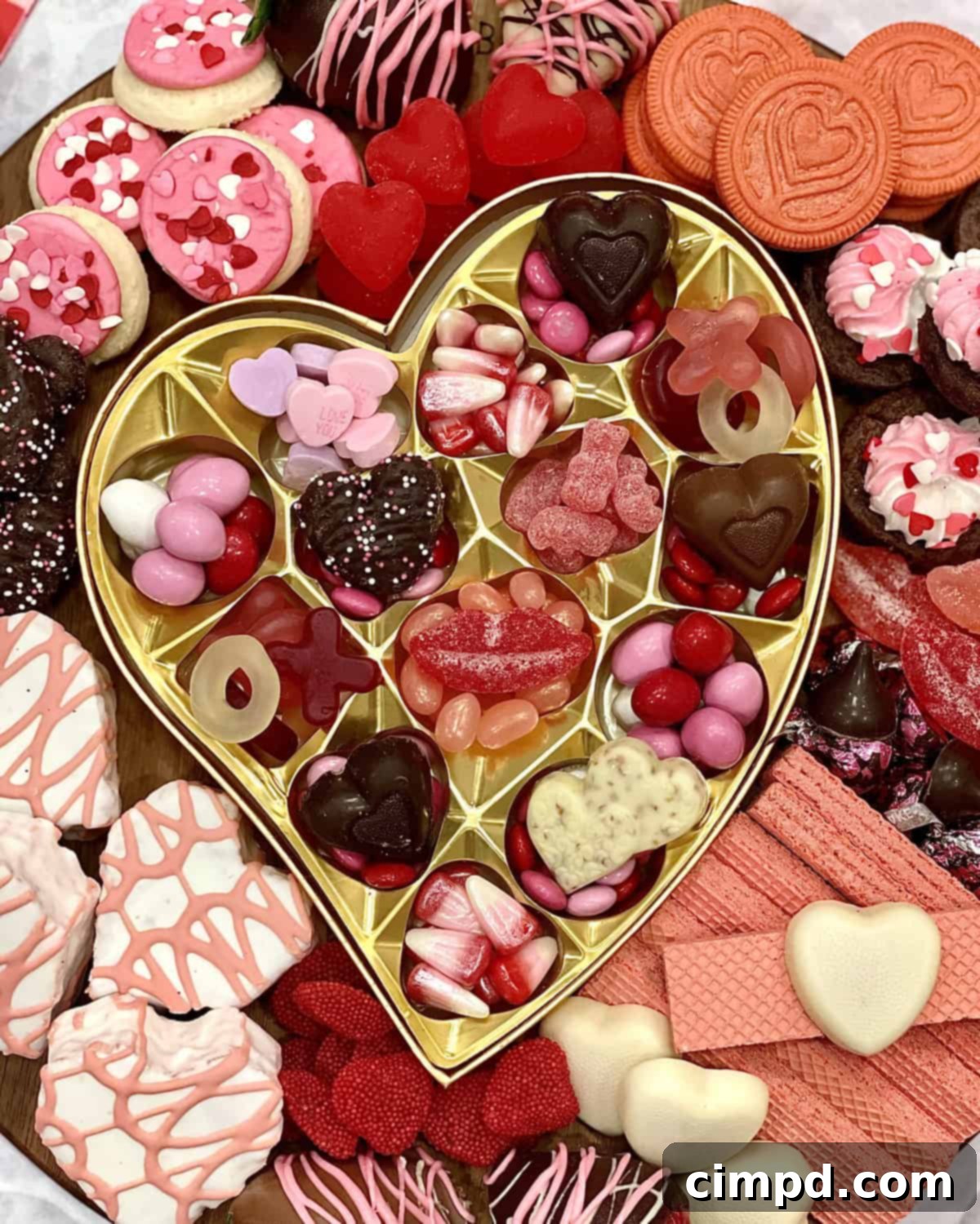 An overhead shot of a completed Galentine's Day Dessert Board, showcasing an assortment of heart-shaped cakes, conversation hearts, and chocolates.
