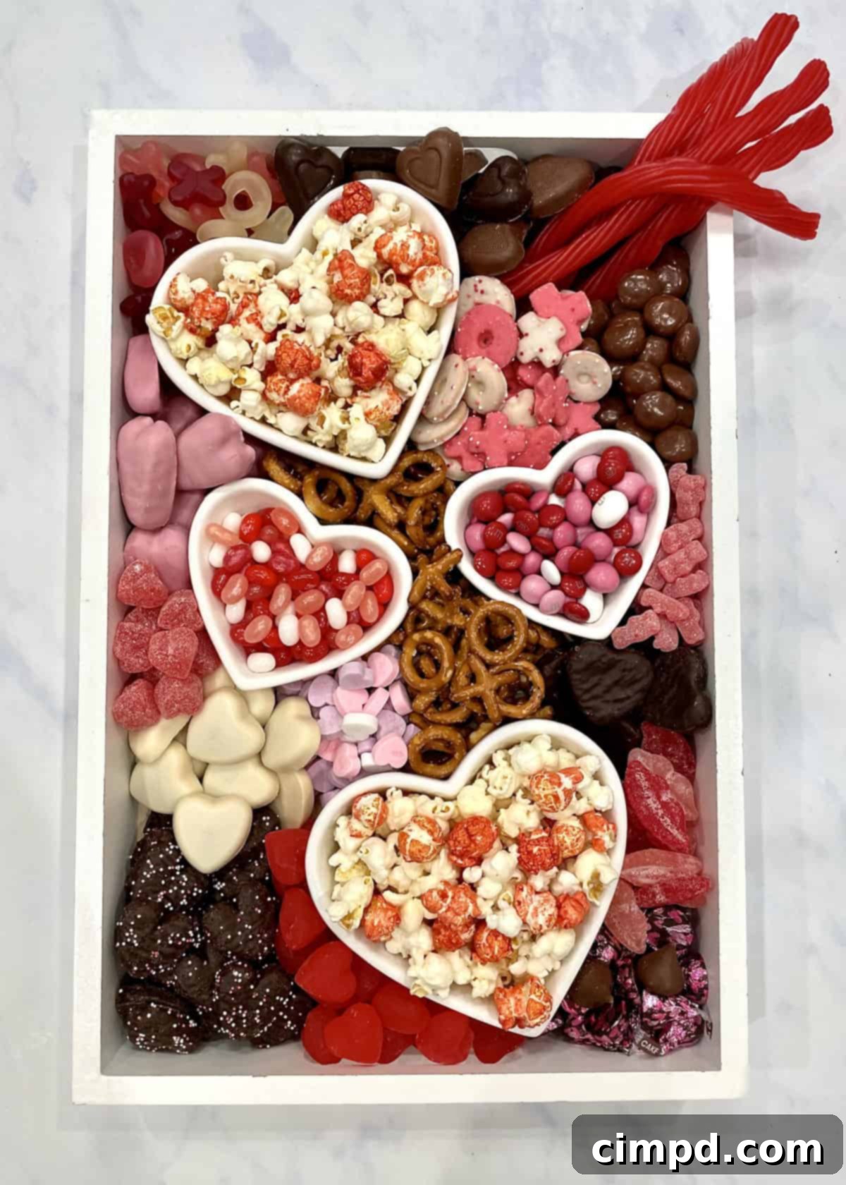 An overhead shot of a completed Valentine's Day Movie Night Snack Board, showcasing the beautiful arrangement of sweet, salty, and sour treats.