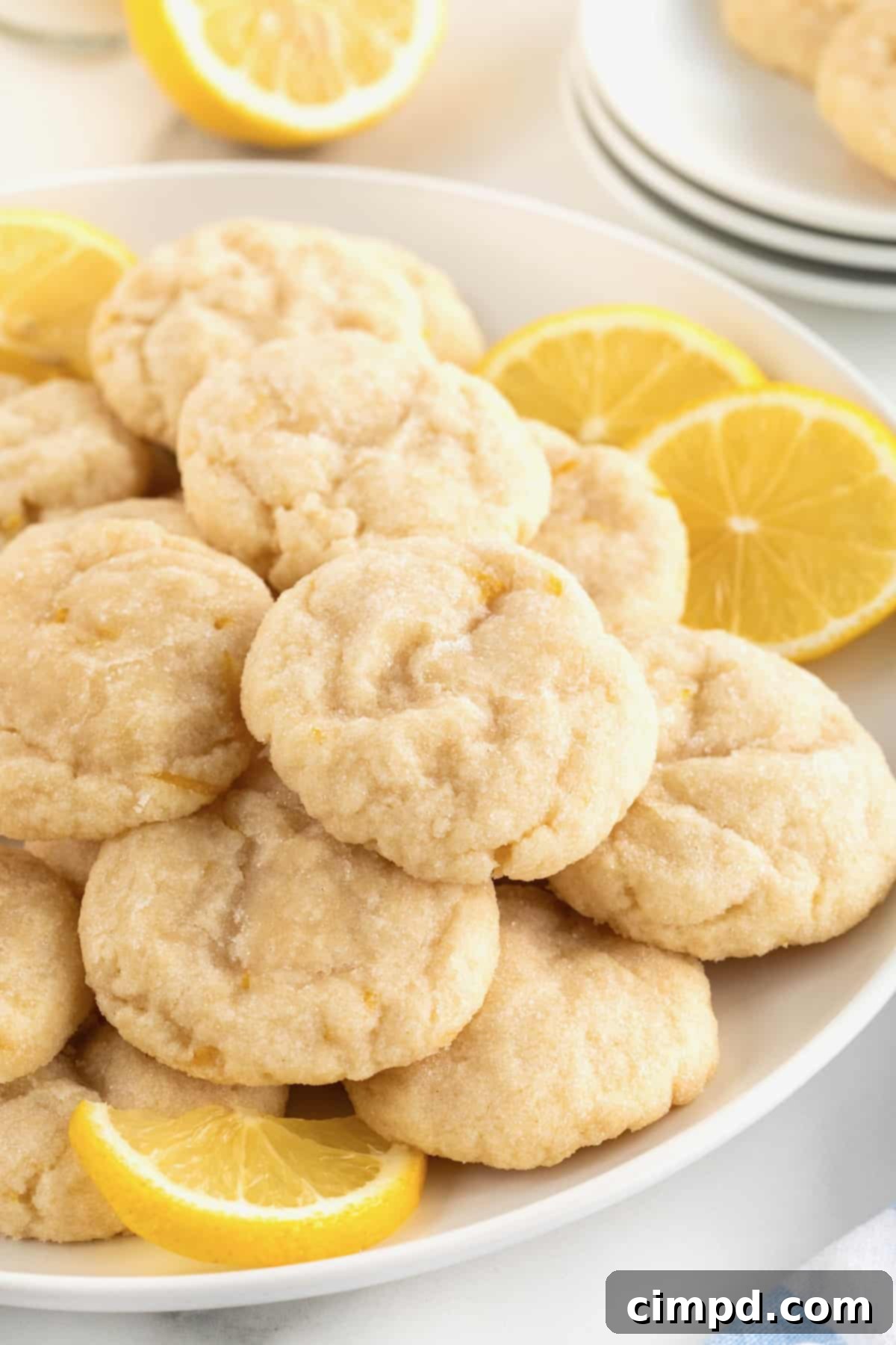 A large white round serving plate piled with lemon cookies generously dusted with powdered sugar. Two fresh lemon slices artfully garnish the plate on the upper right-hand side, enhancing the visual appeal.