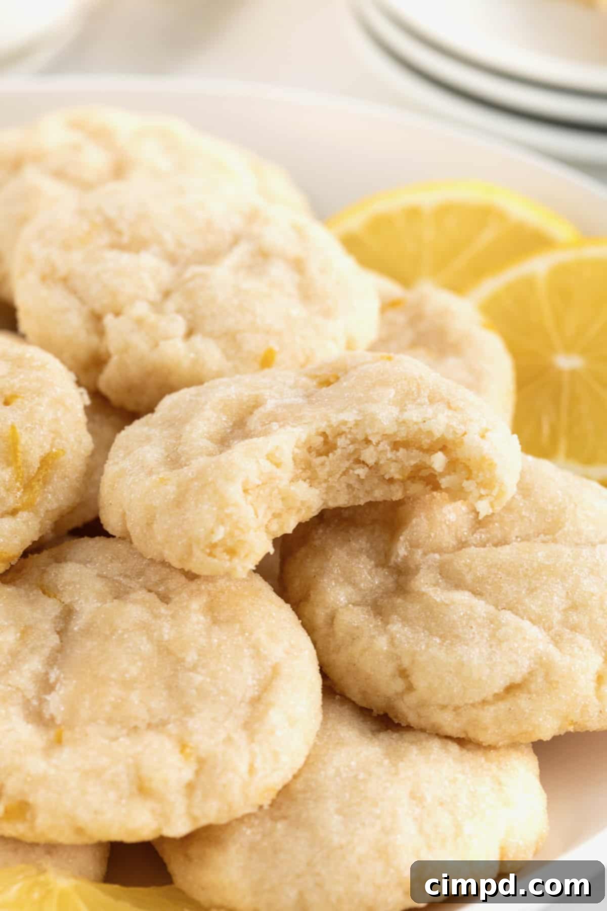 A large white round serving plate abundantly piled with golden lemon cookies, each lightly dusted with sugar. The top cookie has a delicate bite taken out of it, revealing its soft interior. Two vibrant lemon slices garnish the plate on the upper right-hand side, adding a touch of freshness.