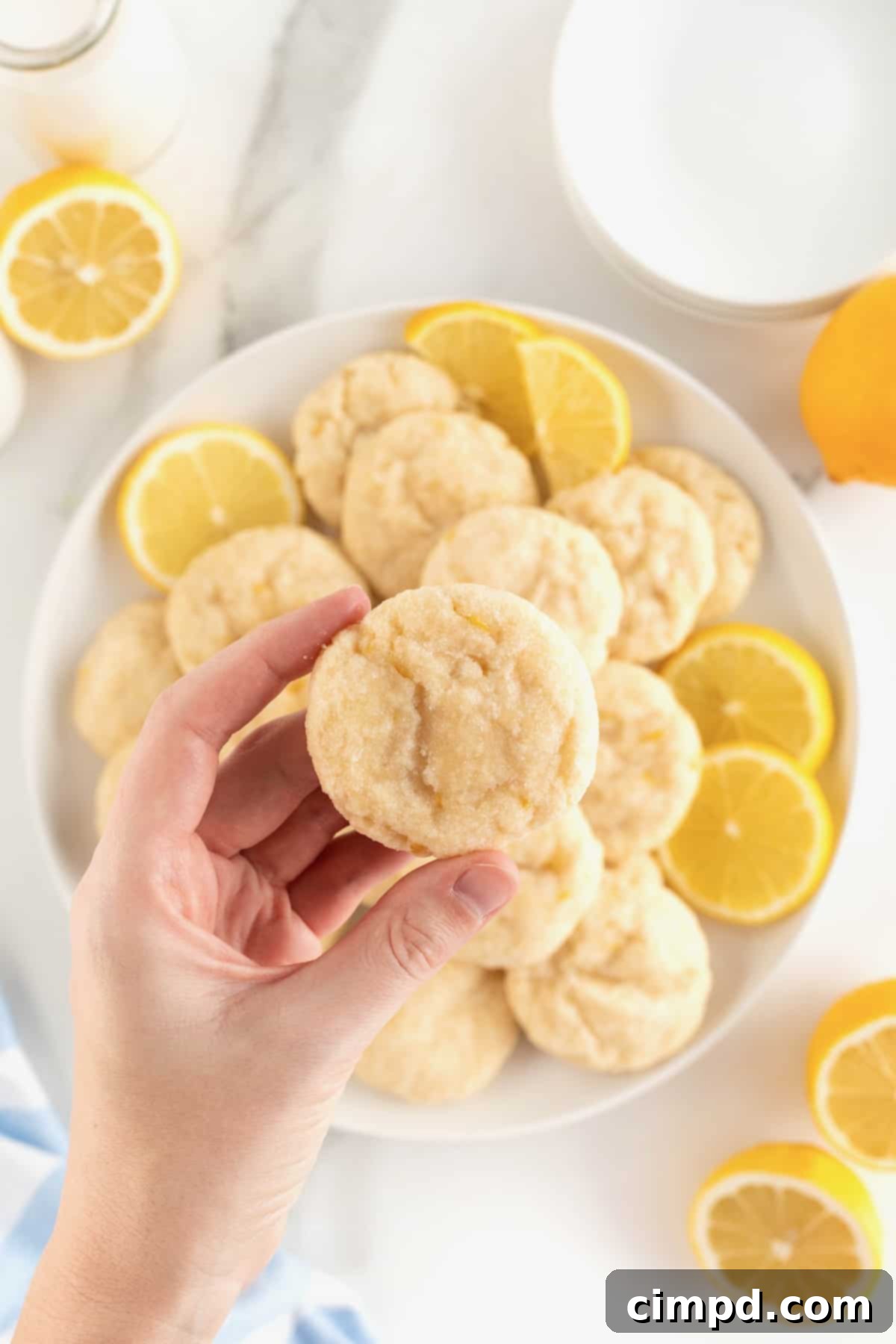A hand gently holds a perfectly round lemon cookie, lightly coated in sugar, poised above a large white serving plate laden with more freshly baked lemon cookies. Several bright yellow lemon slices are arranged as a garnish around the cookies on the plate.