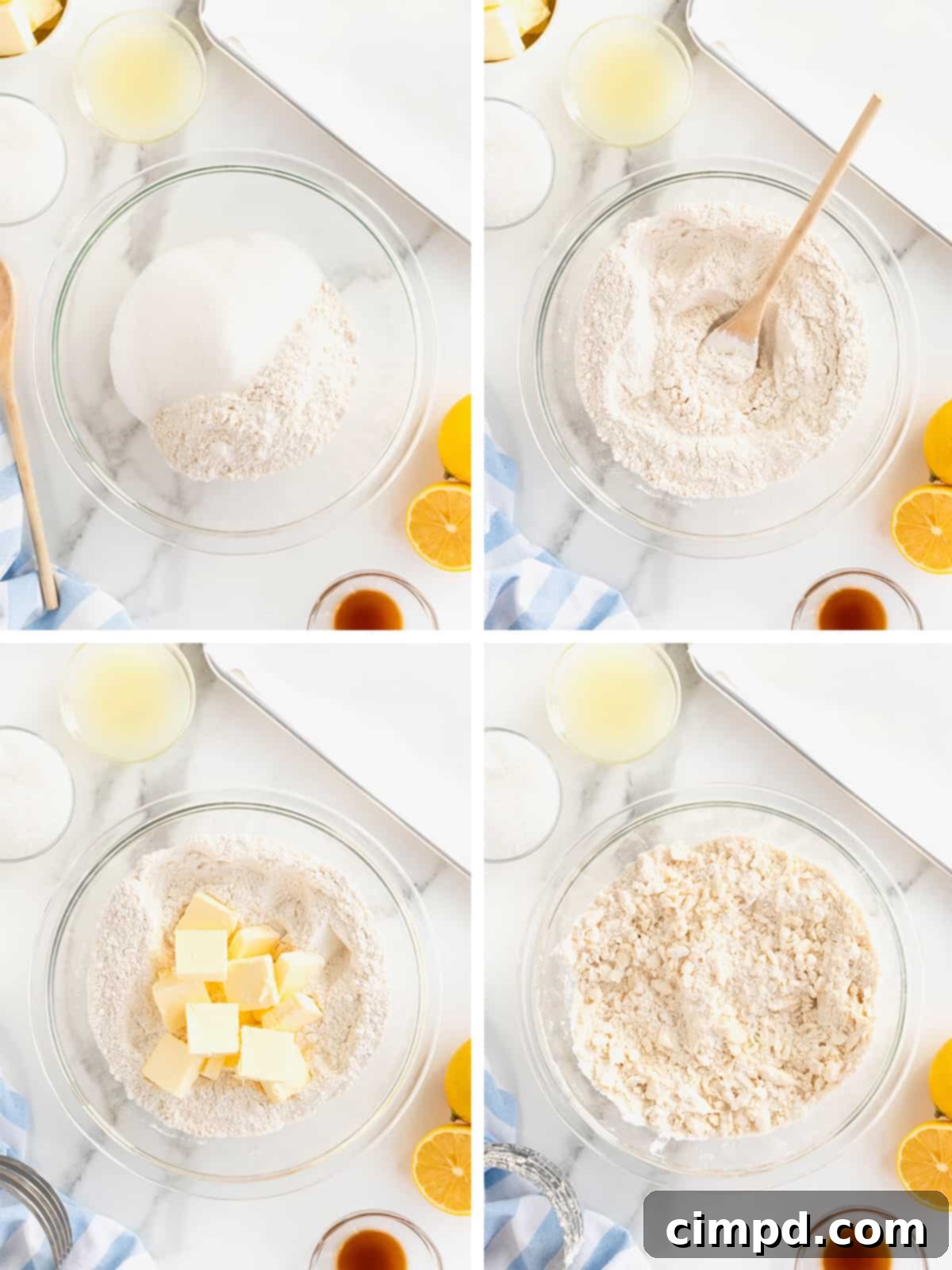 A close-up shot of the initial steps to make lemon cookie dough, showing flour, sugar, and butter being combined in a large bowl, with a pastry blender partially visible.