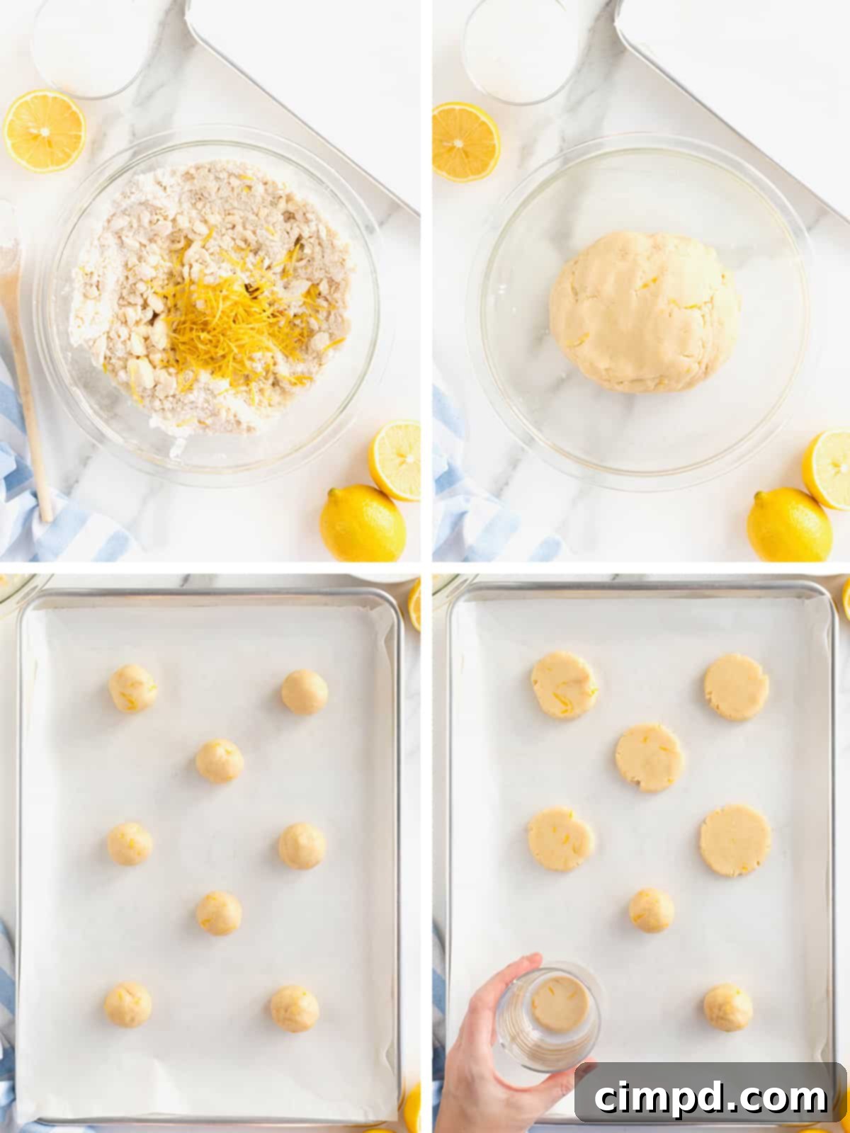 A sequential visual guide detailing the steps to make lemon cookies, from kneading the dough into a smooth ball to rolling it in sugar and flattening it on a baking sheet.