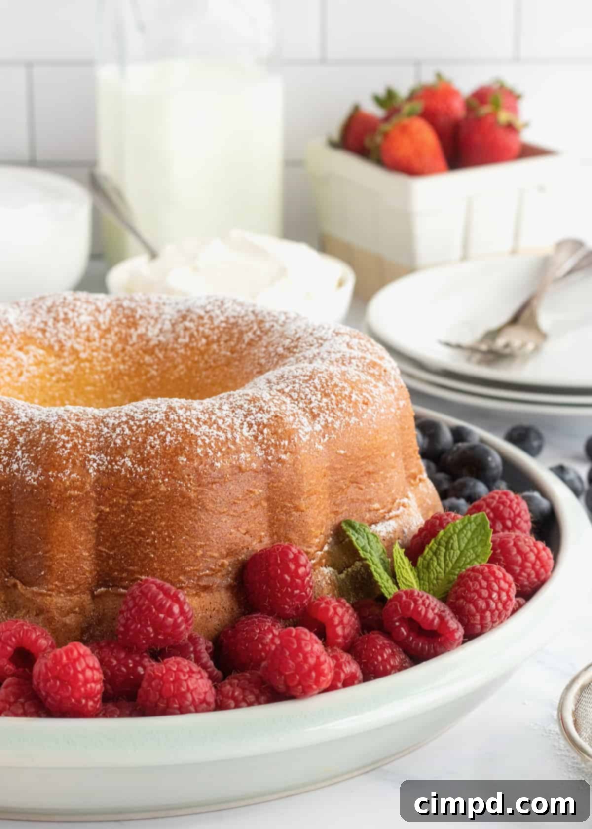A perfect slice of moist sour cream pound cake with a golden, crackly crust