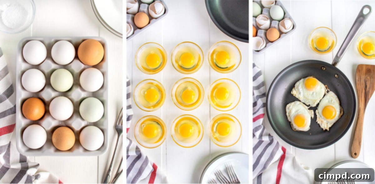 The BakerMama's visual guide showing eggs cooking in a skillet for sunny-side-up perfection