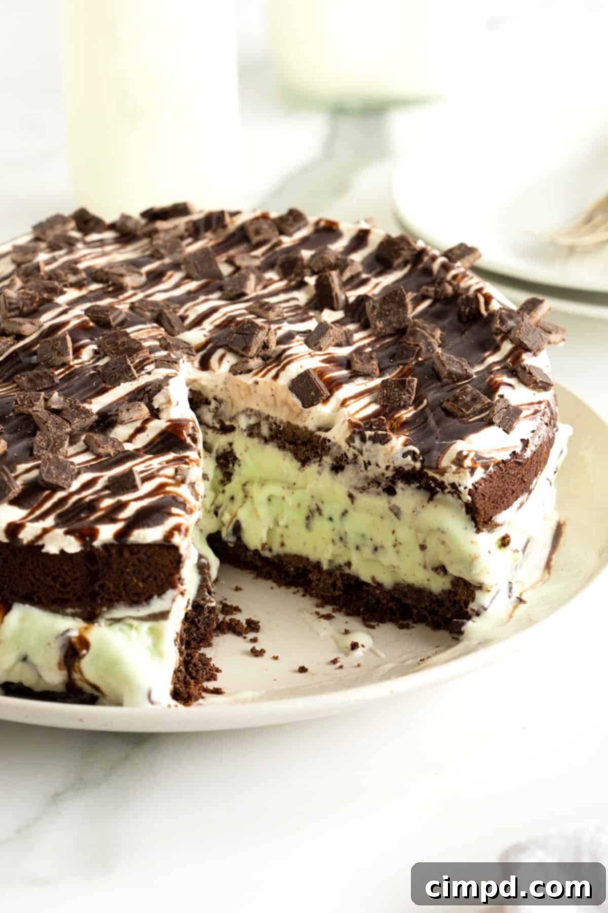 A stunning Mint Chocolate Chip Ice Cream Cake with two chocolate cake layers, a thick layer of green mint chocolate chip ice cream, covered in white whipped topping, chocolate drizzle, and chopped mint candies.