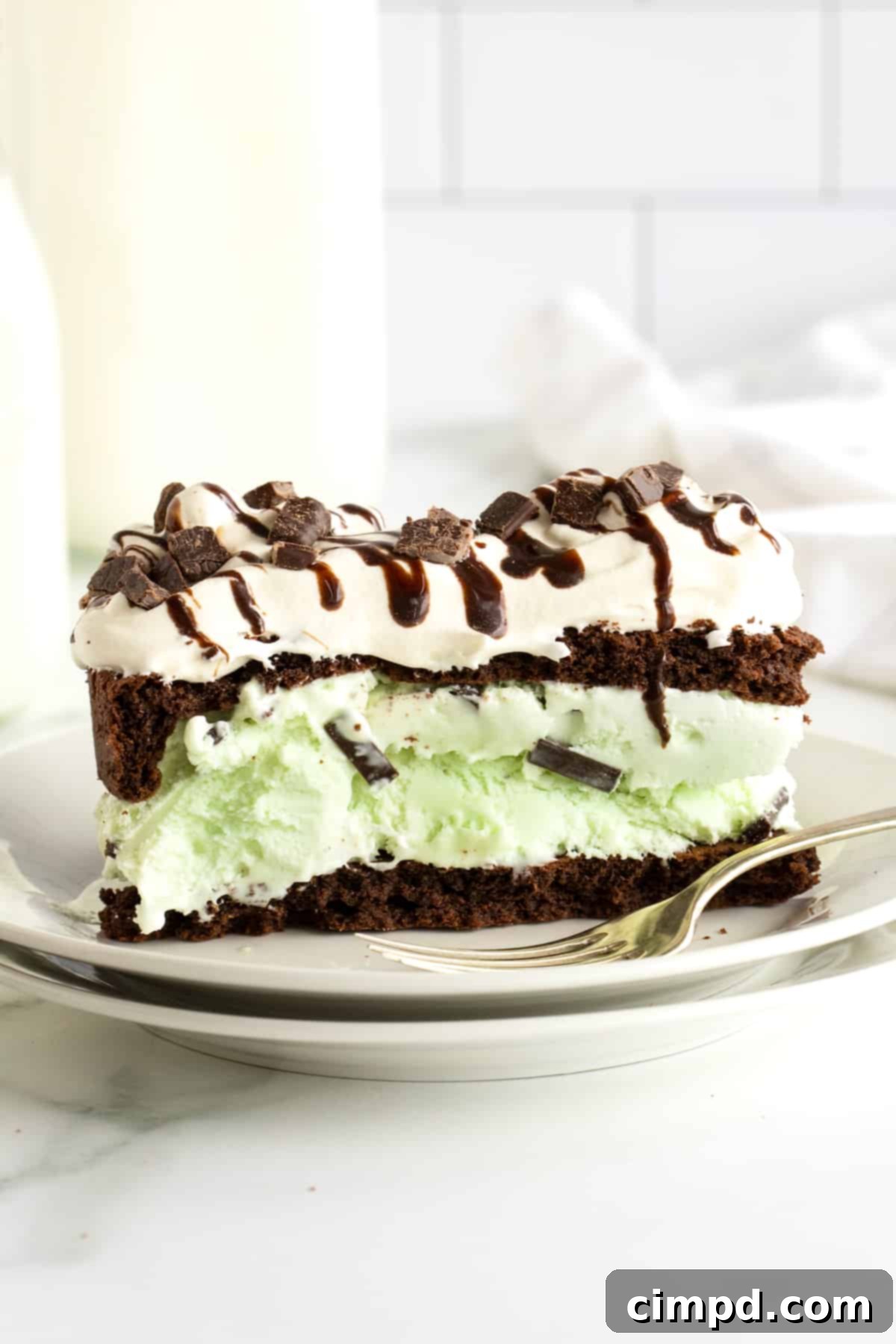 A close-up of a slice of Mint Chocolate Chip Ice Cream Cake, showing the distinct layers of chocolate cake and mint ice cream.