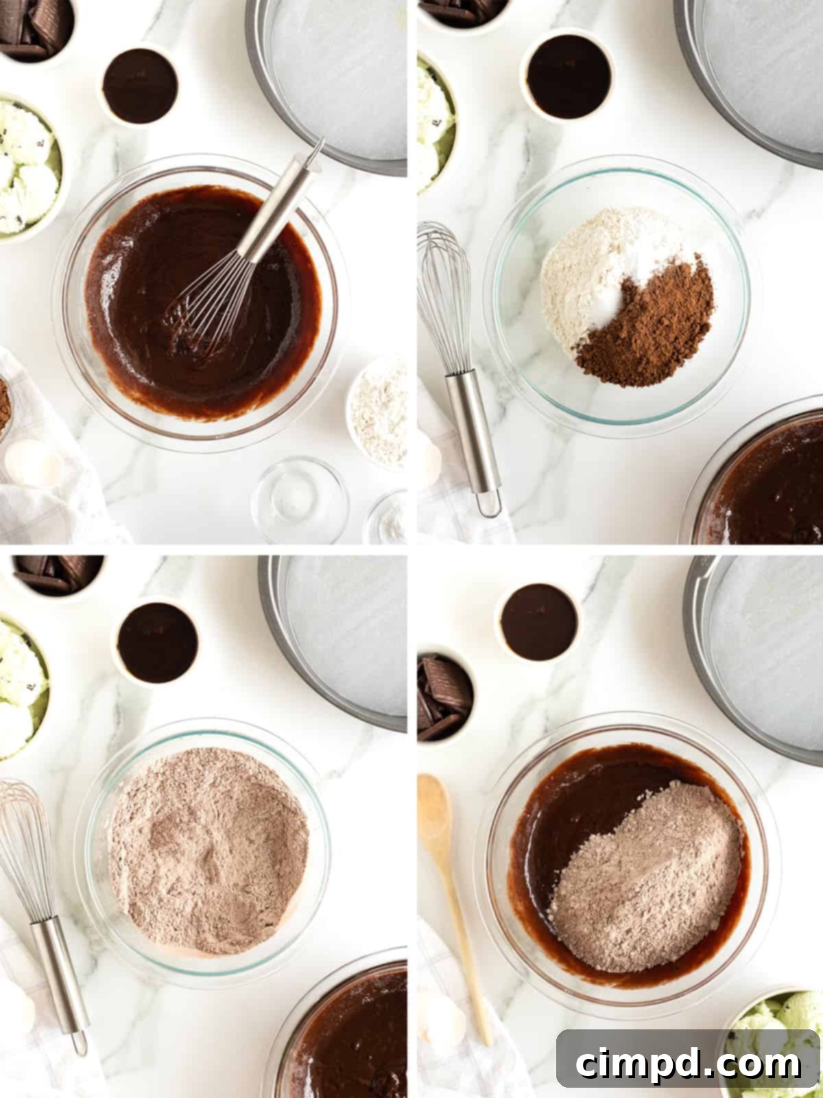 Further steps in preparing the chocolate cake batter for the ice cream cake.