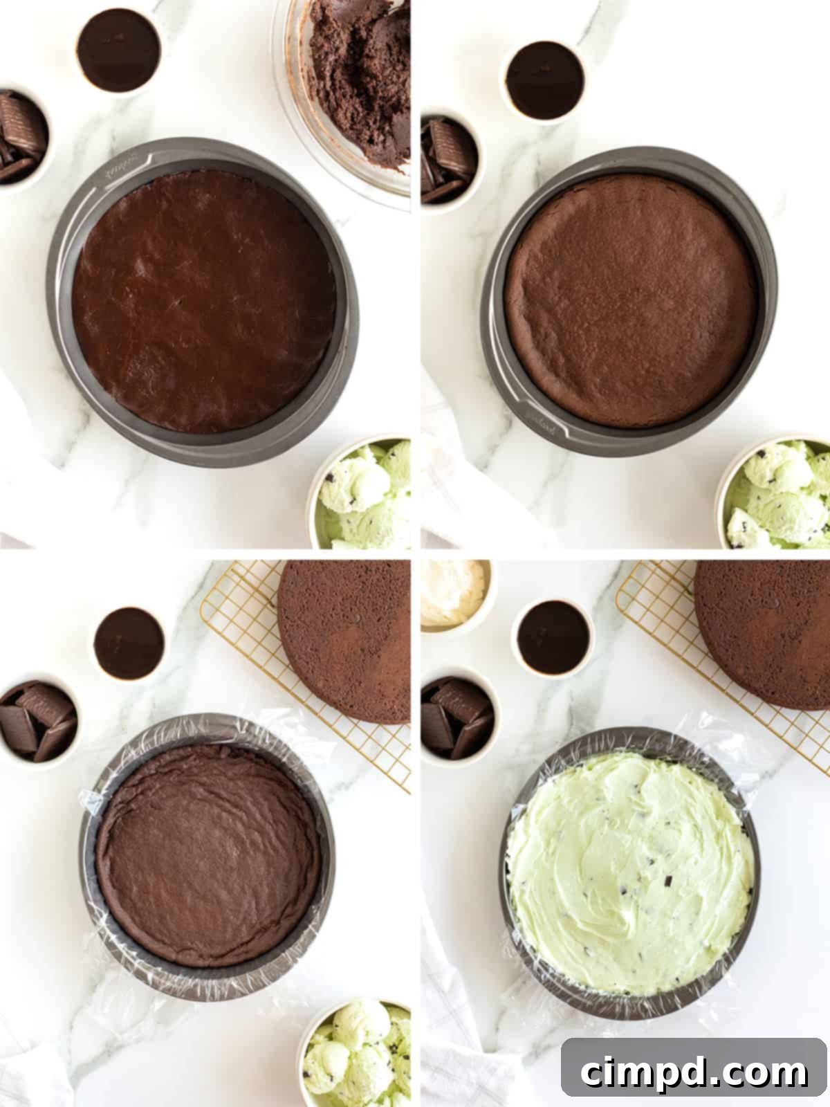 Steps for layering the ice cream and cake in the pan.