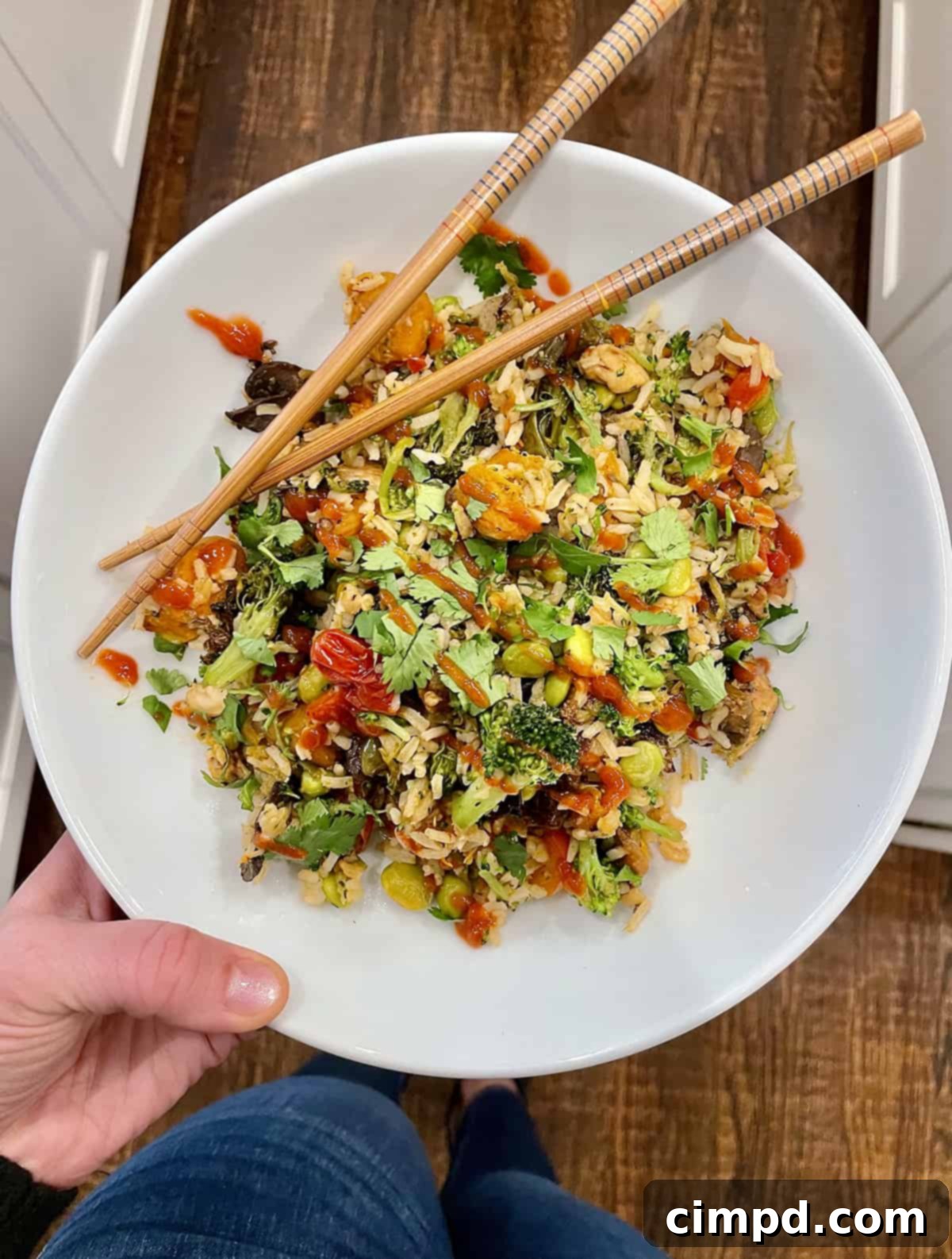 Leftover stir-fry rice with chicken and vegetables