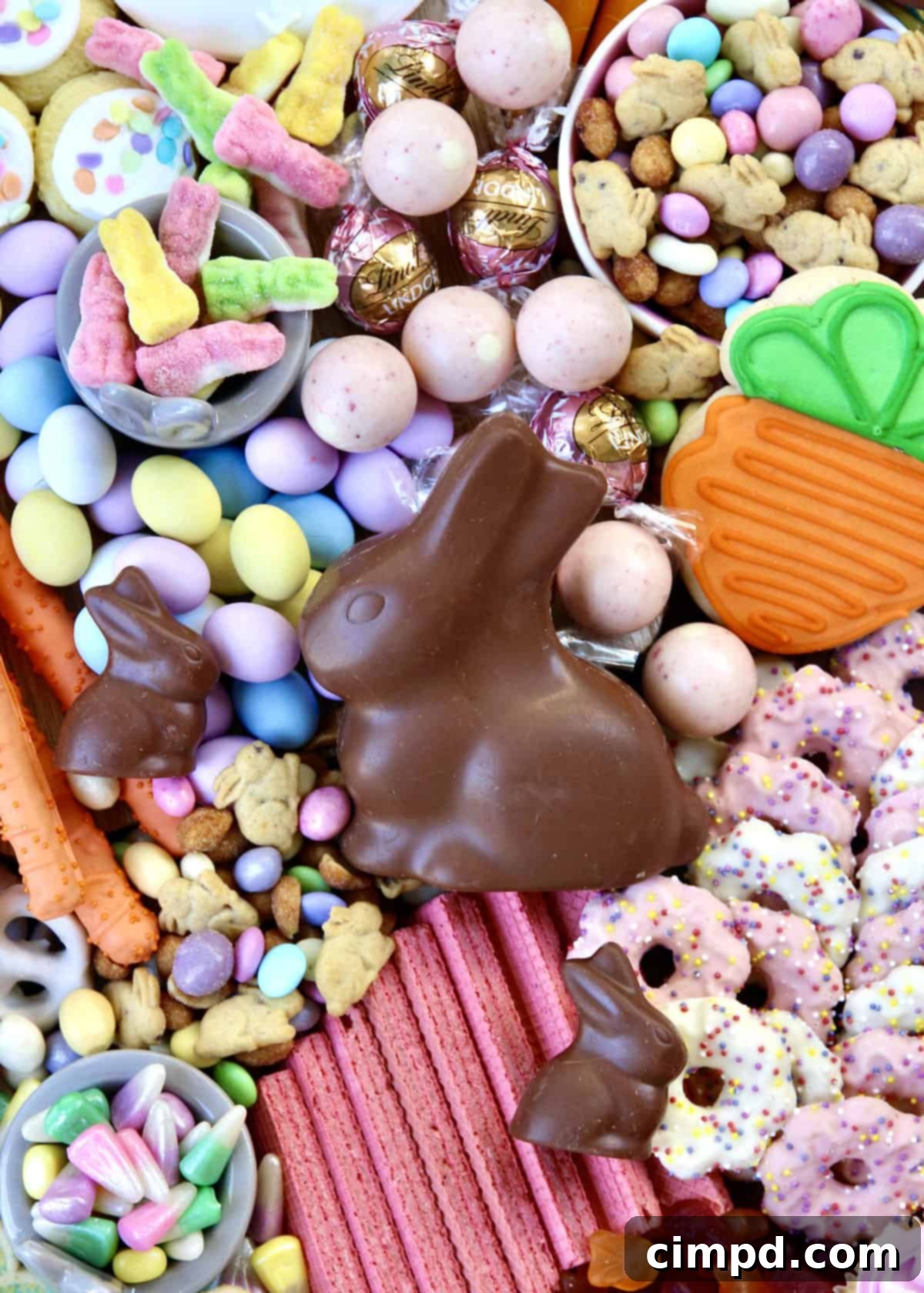 Close-up of the Bunny Treats Board showcasing a variety of chocolate eggs, bunny-shaped cookies, and colorful candies beautifully arranged.