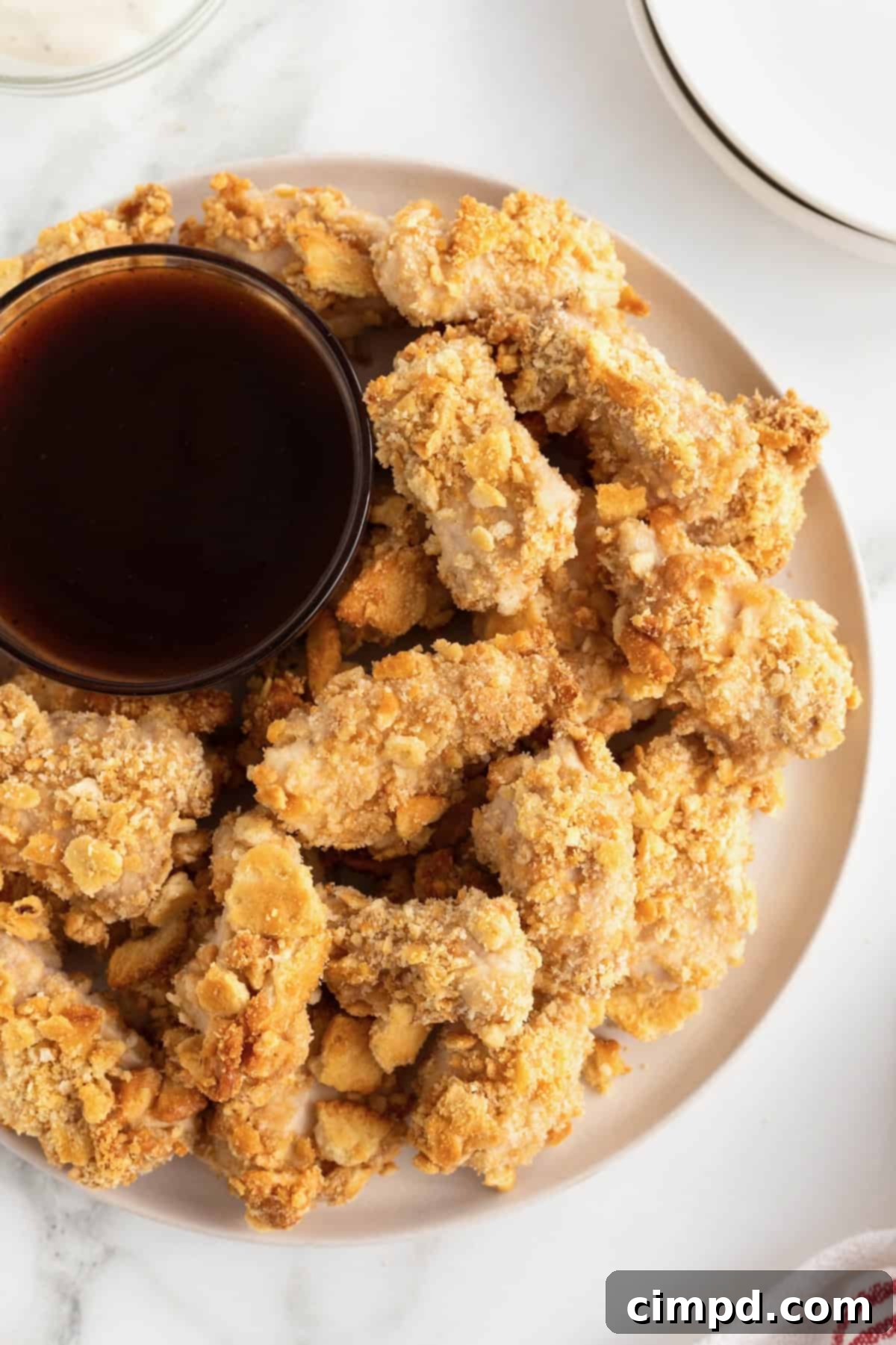 A large white serving plate filled with golden-brown Ritzy Chicken Nuggets, with a small glass bowl of barbecue sauce for dipping.