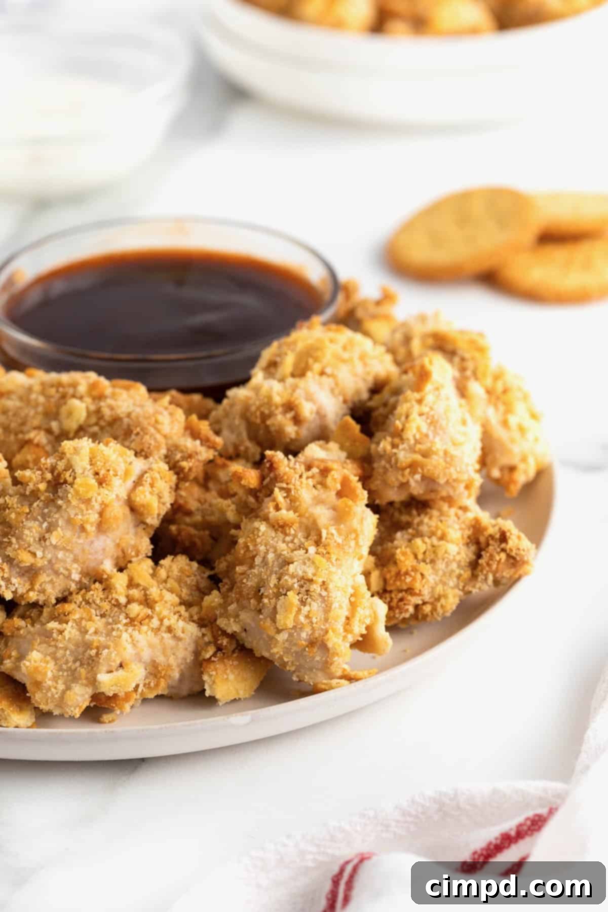 A large white serving plate filled with perfectly baked, golden-brown Ritzy Chicken Nuggets, with a small glass container of barbecue sauce on the side.