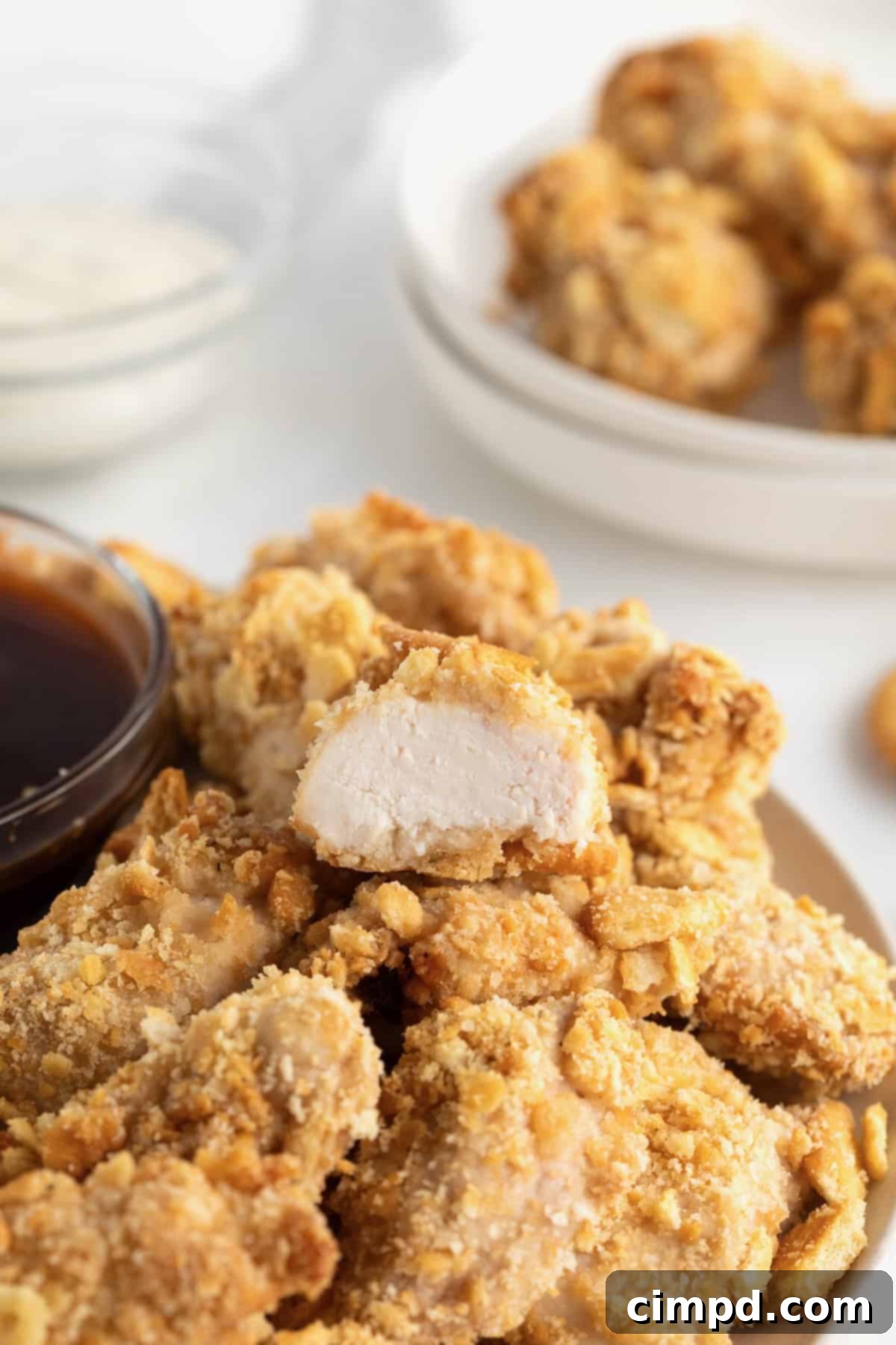 A large white serving plate filled with golden-brown Ritzy Chicken Nuggets, ready to be enjoyed.