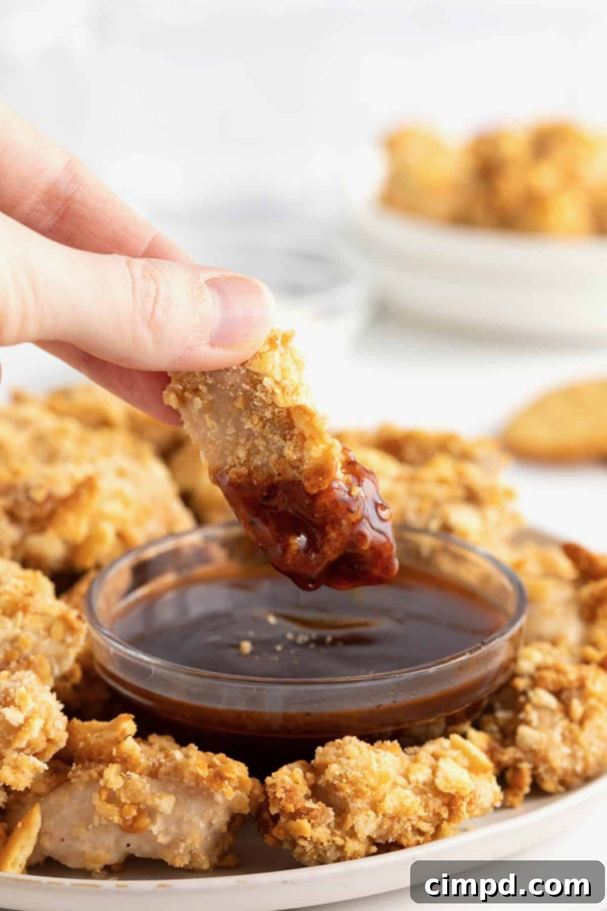 A single Ritzy Chicken Nugget being dipped into a small glass container of barbecue sauce, showcasing its crispy coating.