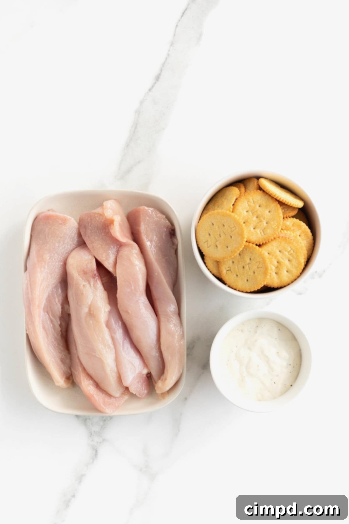 Chicken tenderloins, Ritz crackers, and ranch dressing in white dishes on a white marble counter, showcasing the three simple ingredients.